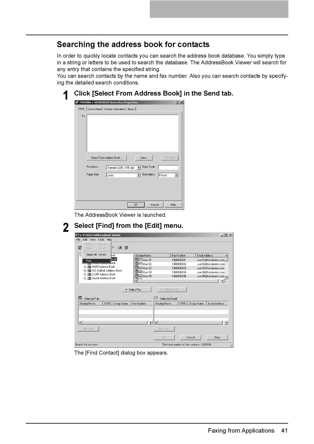 Toshiba GA-1191 manual Searching the address book for contacts, Select Find from the Edit menu 