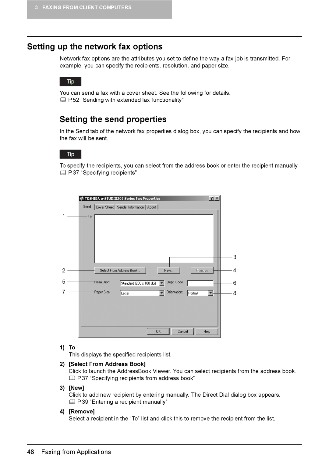 Toshiba GA-1191 Setting up the network fax options, Setting the send properties, Select From Address Book, New, Remove 