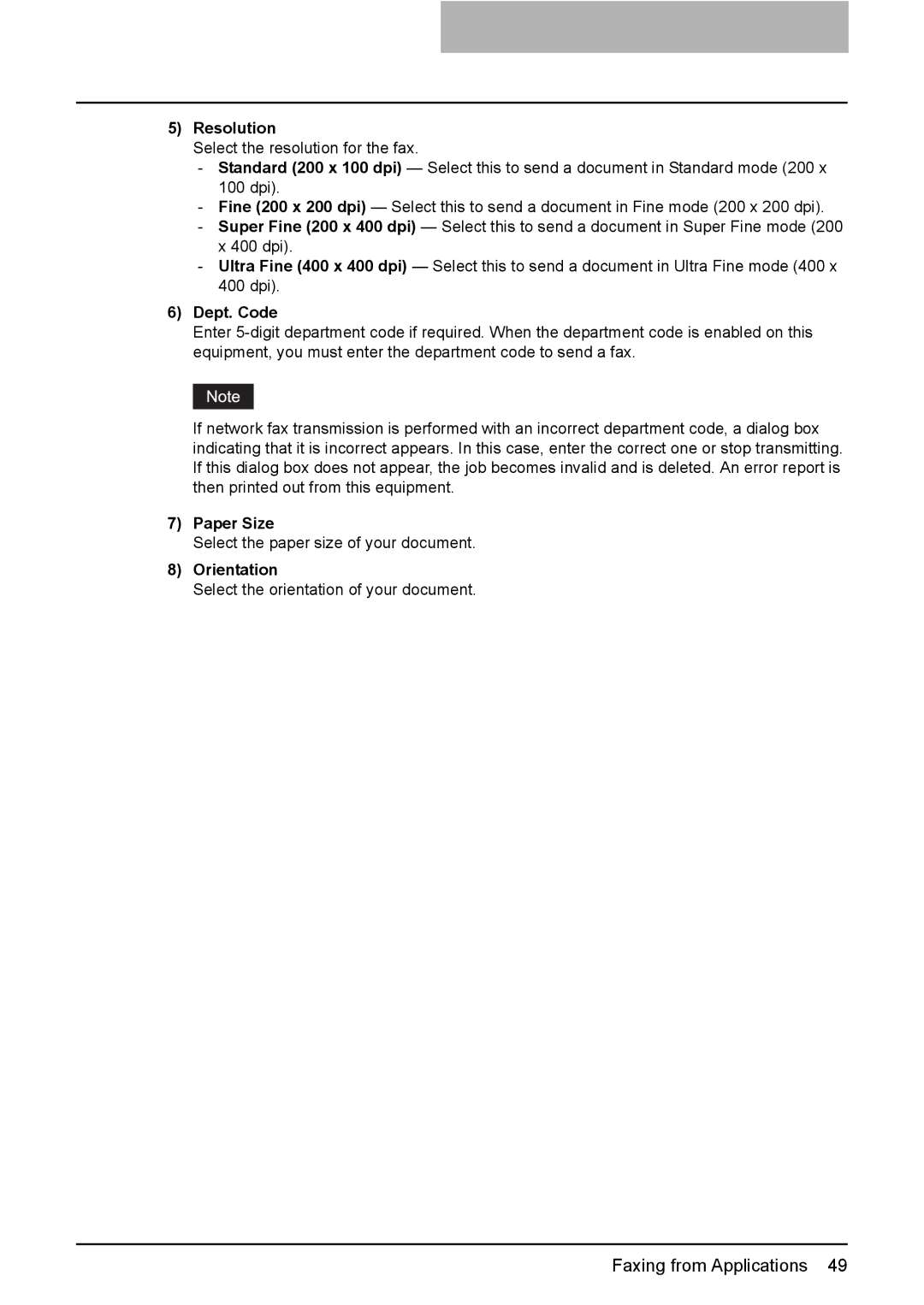 Toshiba GA-1191 manual Resolution, Dept. Code, Paper Size, Orientation 