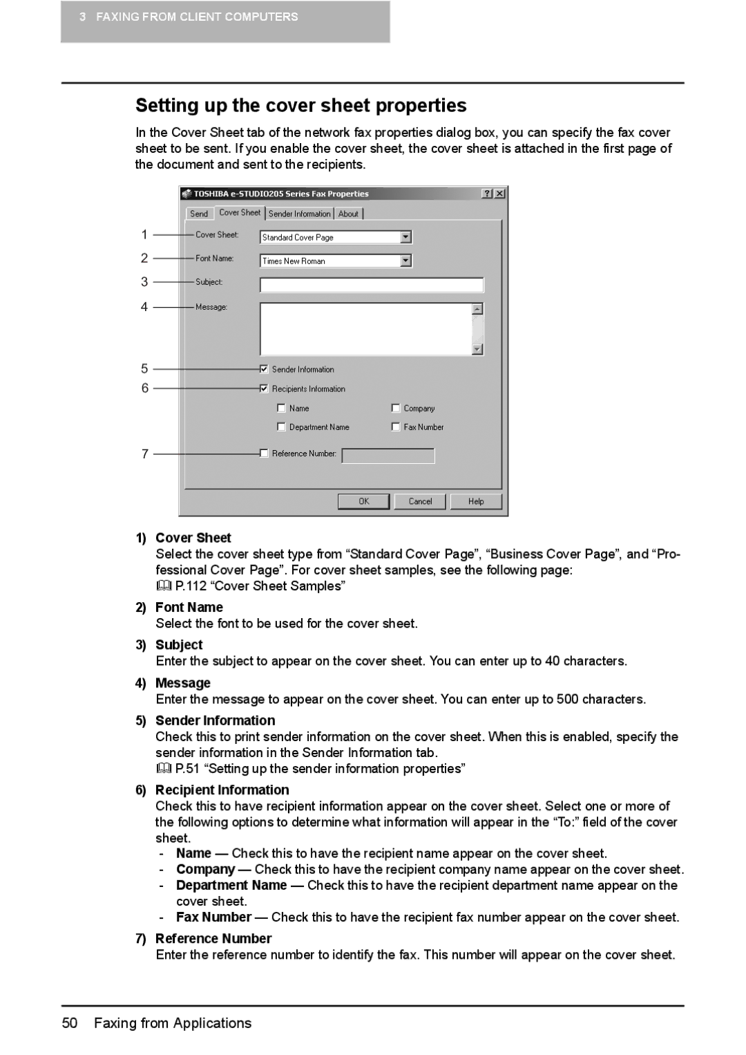 Toshiba GA-1191 manual Setting up the cover sheet properties 