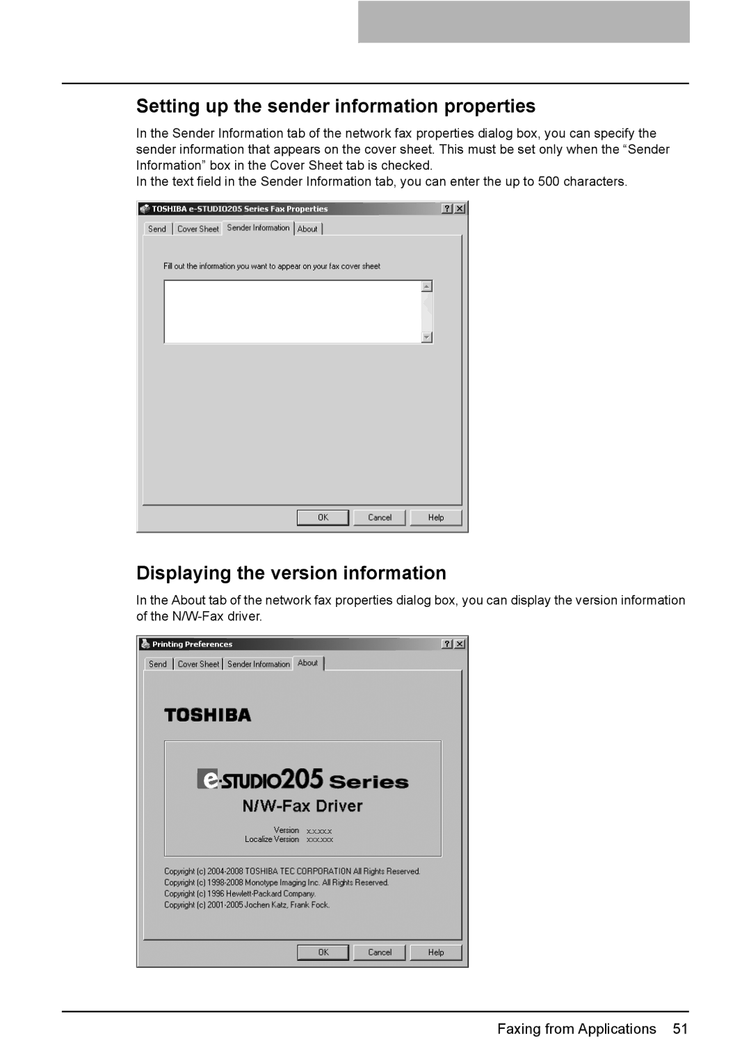 Toshiba GA-1191 manual Setting up the sender information properties, Displaying the version information 