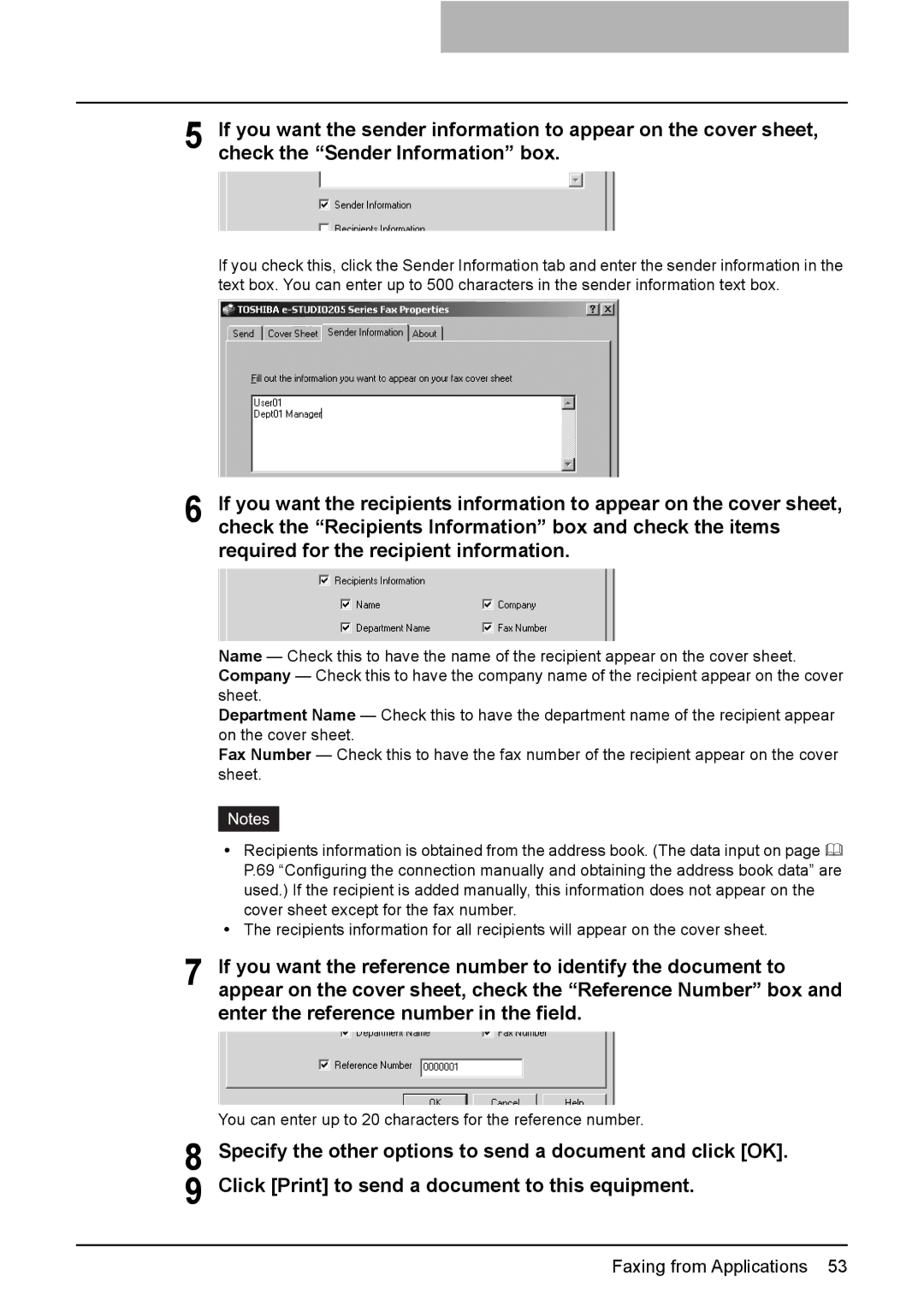 Toshiba GA-1191 manual Check the Recipients Information box and check the items, Required for the recipient information 