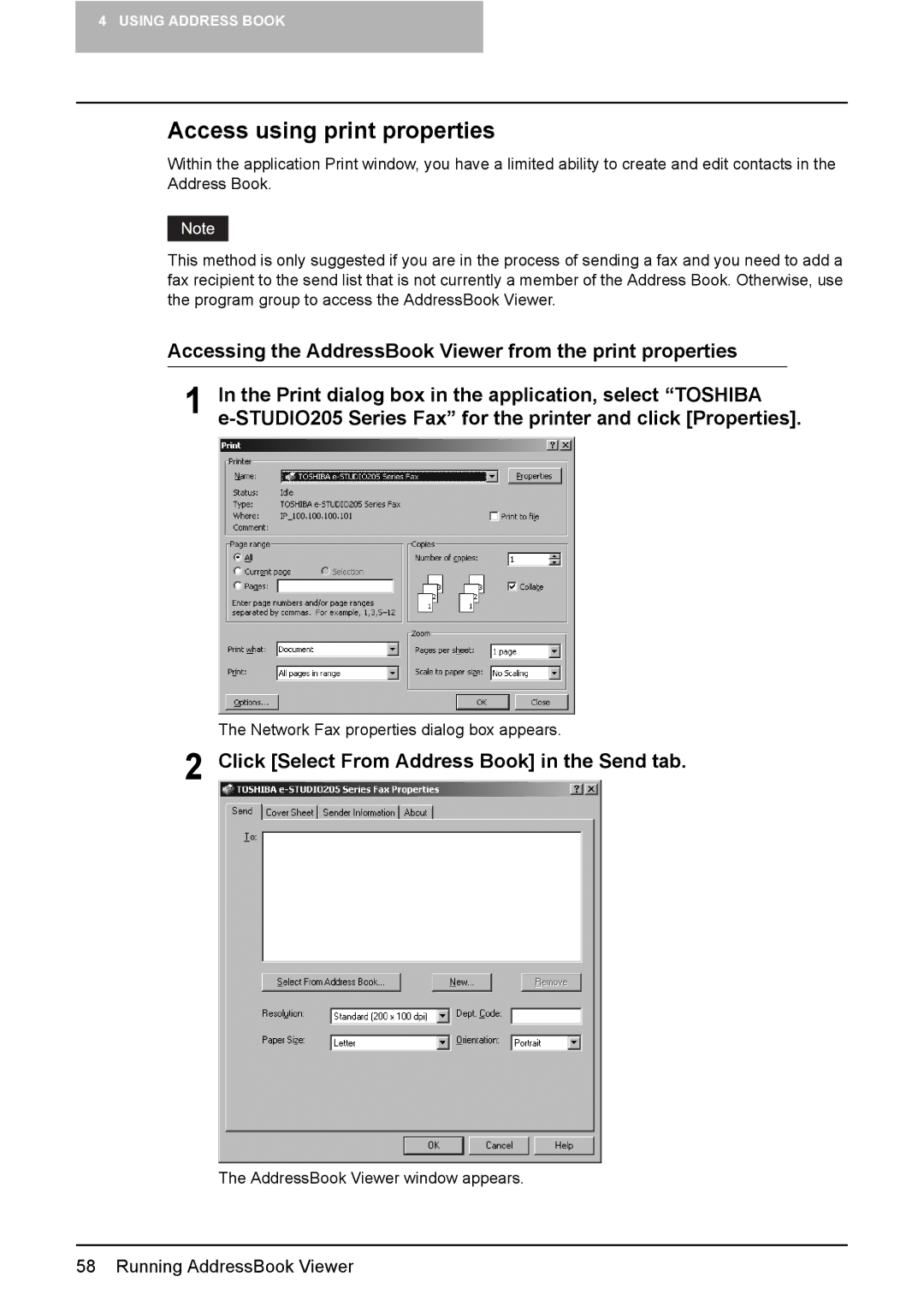 Toshiba GA-1191 manual Access using print properties, Accessing the AddressBook Viewer from the print properties 