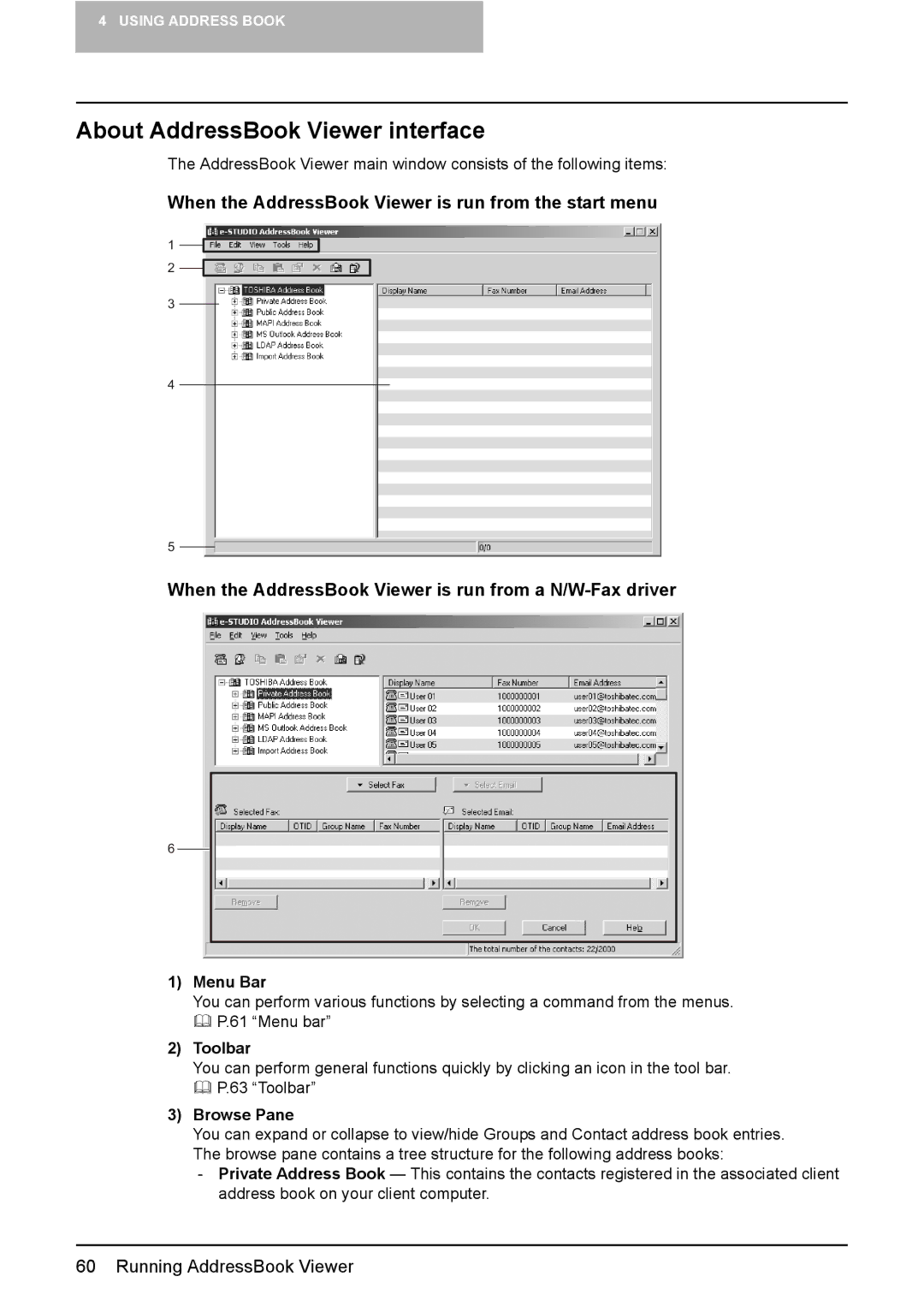 Toshiba GA-1191 manual About AddressBook Viewer interface, Menu Bar, Toolbar, Browse Pane 