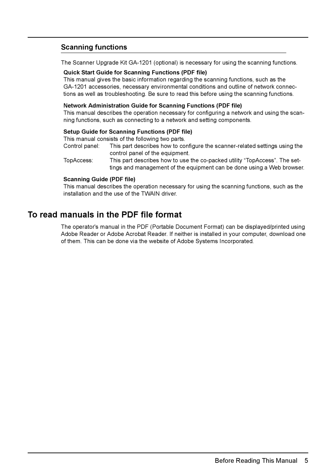 Toshiba GA-1191 manual Scanning functions 