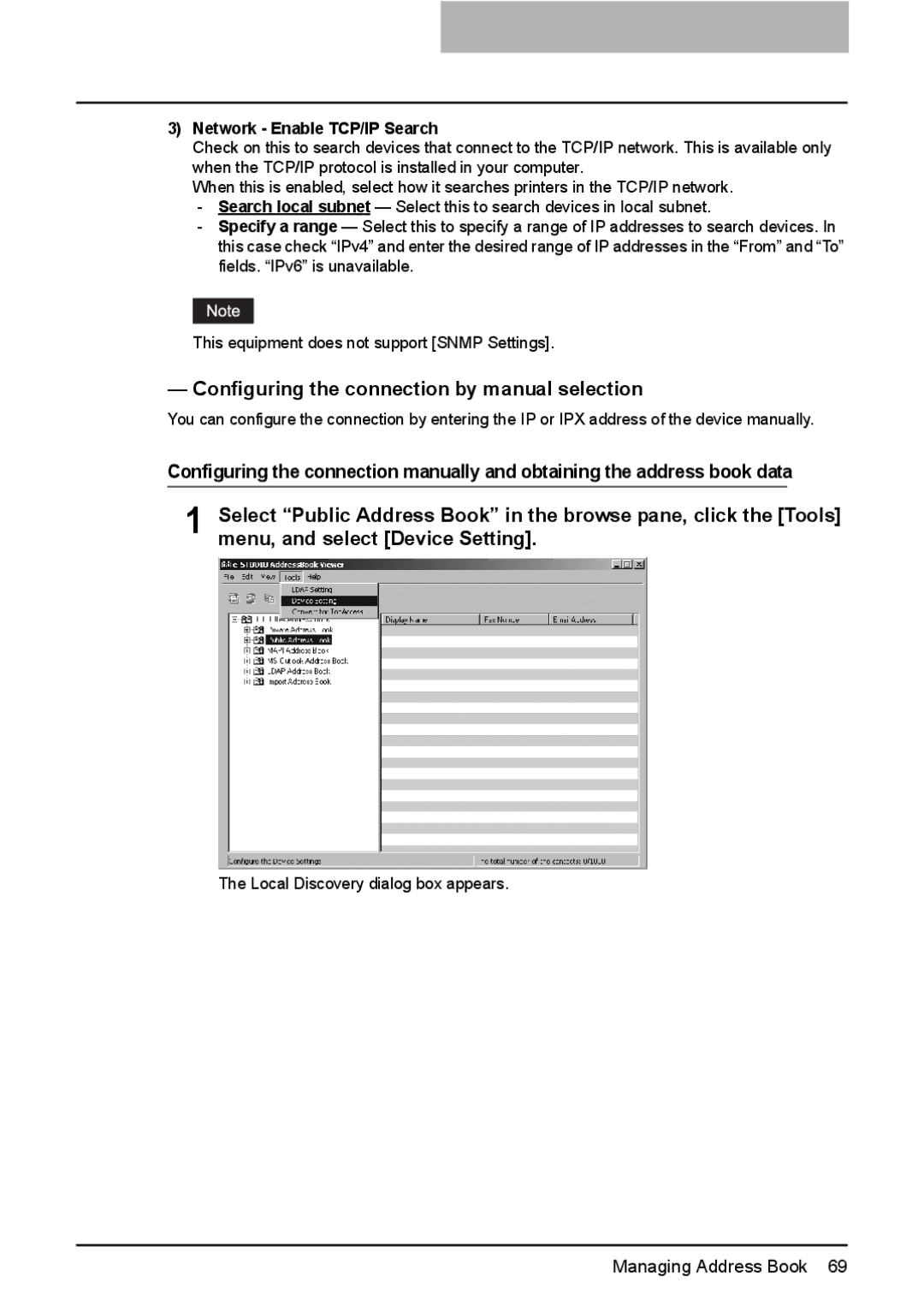 Toshiba GA-1191 Configuring the connection by manual selection, Network Enable TCP/IP Search 