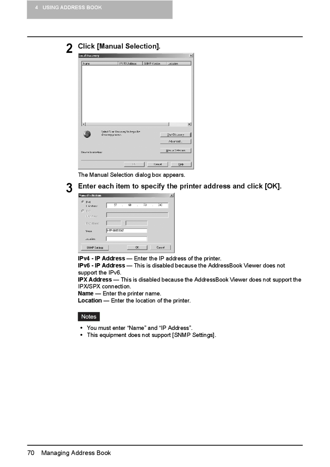 Toshiba GA-1191 manual Click Manual Selection, Enter each item to specify the printer address and click OK 