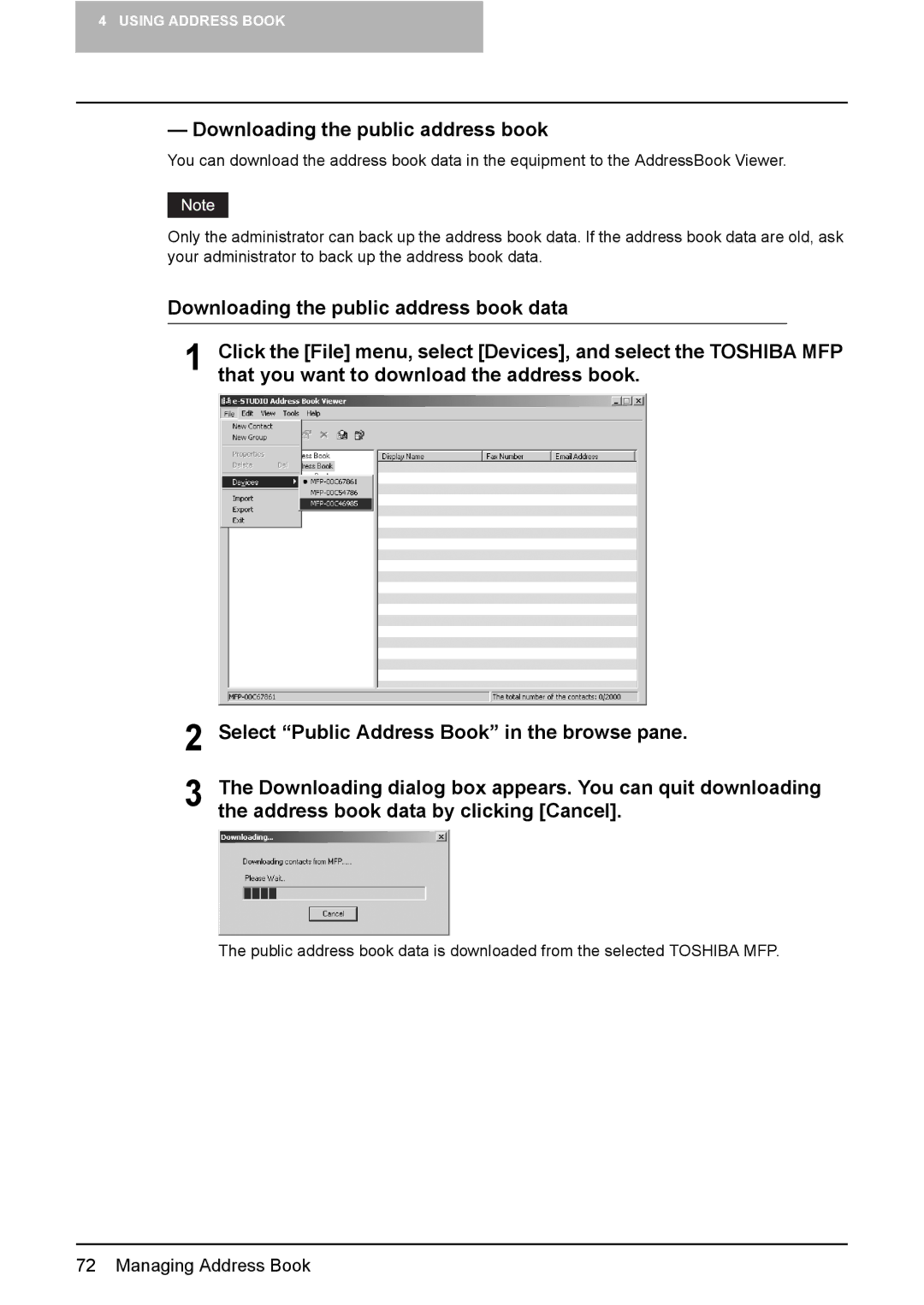 Toshiba GA-1191 manual Downloading the public address book data, That you want to download the address book 