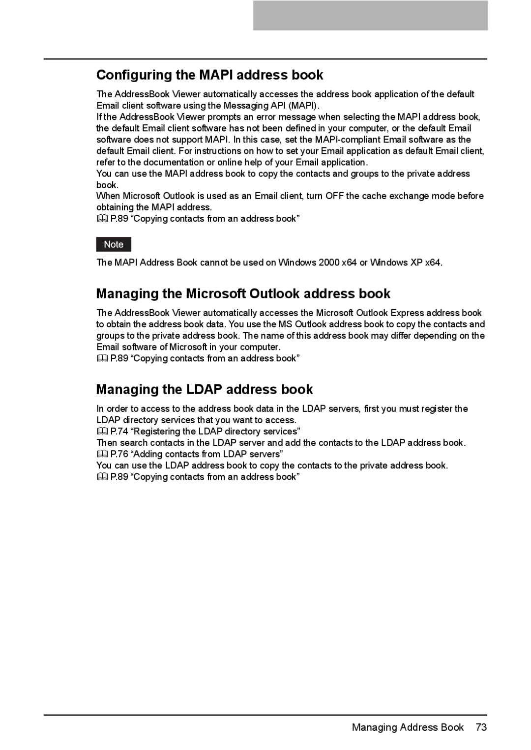 Toshiba GA-1191 manual Configuring the Mapi address book, Managing the Microsoft Outlook address book 