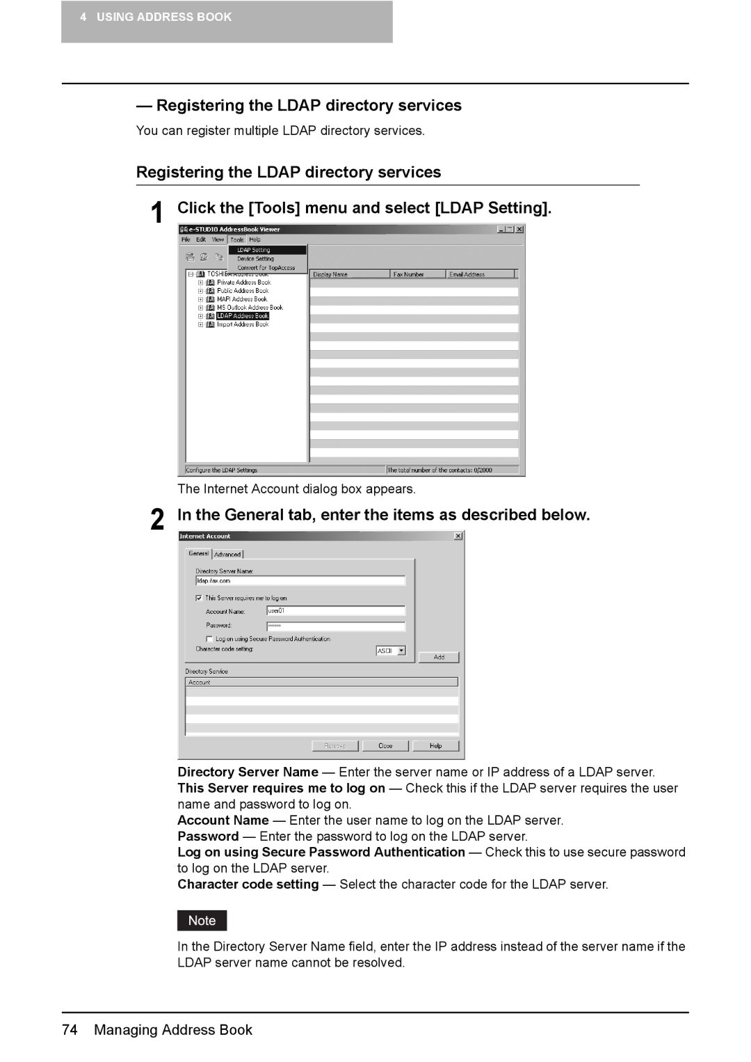 Toshiba GA-1191 manual Registering the Ldap directory services, General tab, enter the items as described below 