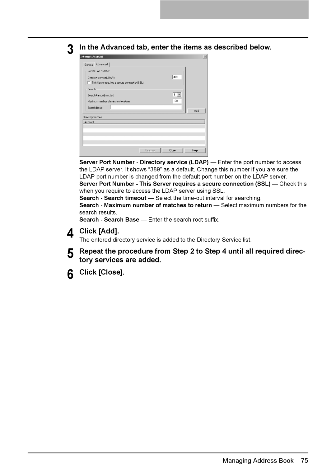 Toshiba GA-1191 manual Advanced tab, enter the items as described below, Click Add 