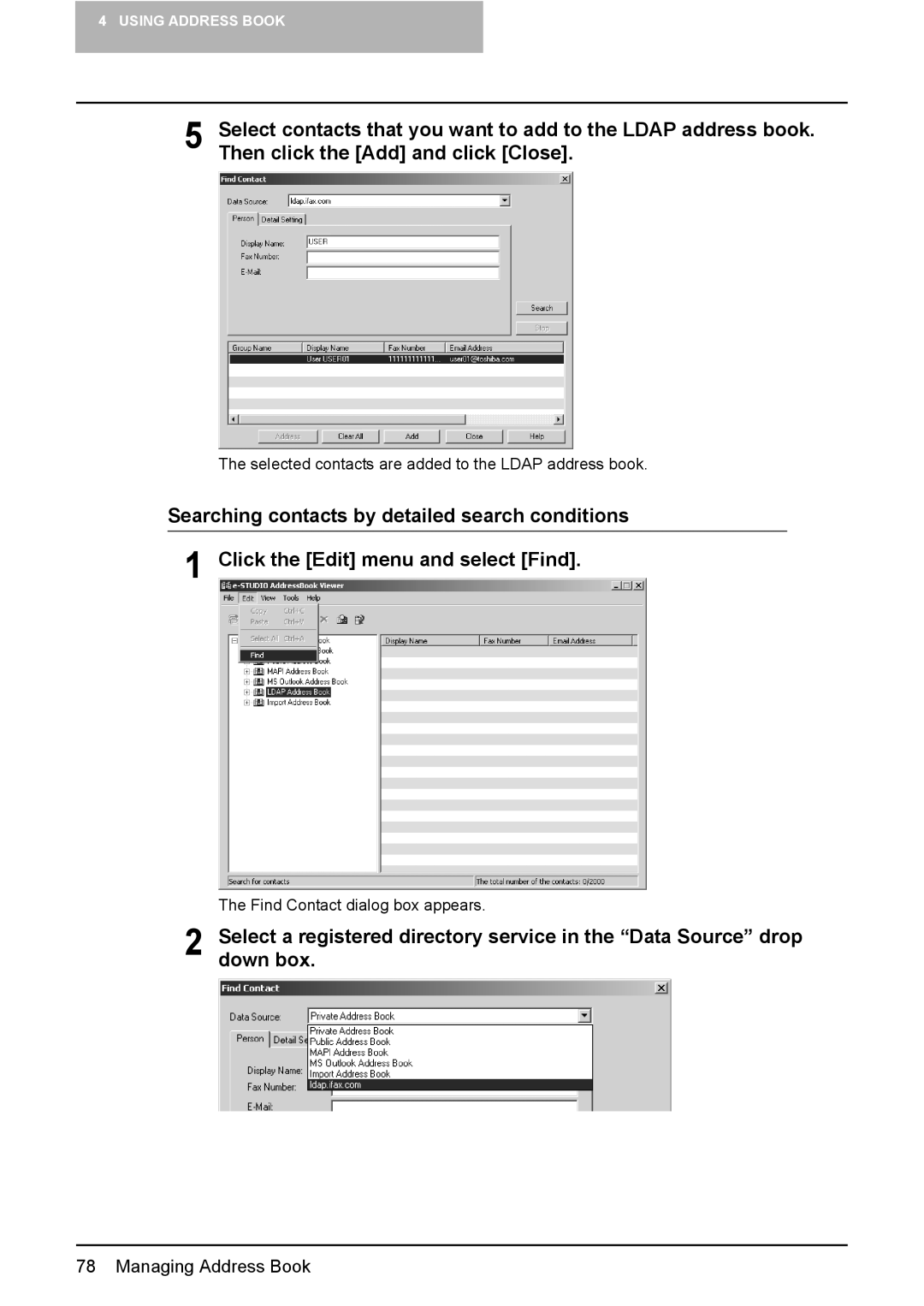 Toshiba GA-1191 manual Selected contacts are added to the Ldap address book 