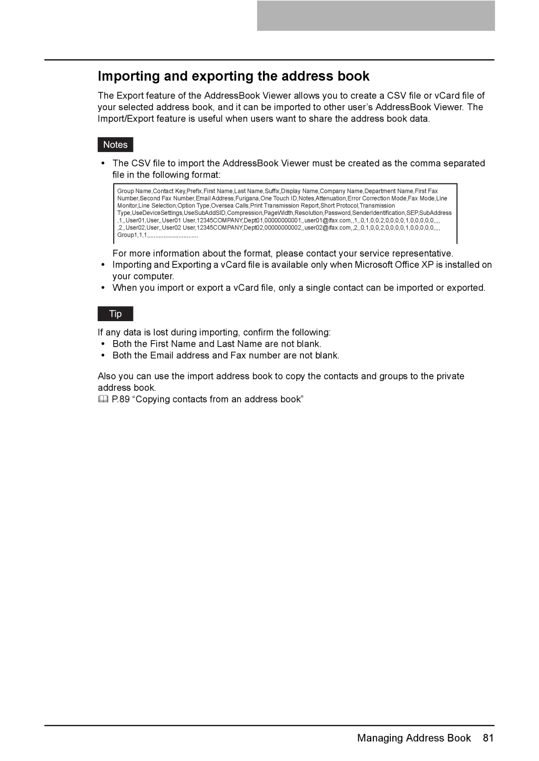 Toshiba GA-1191 manual Importing and exporting the address book 