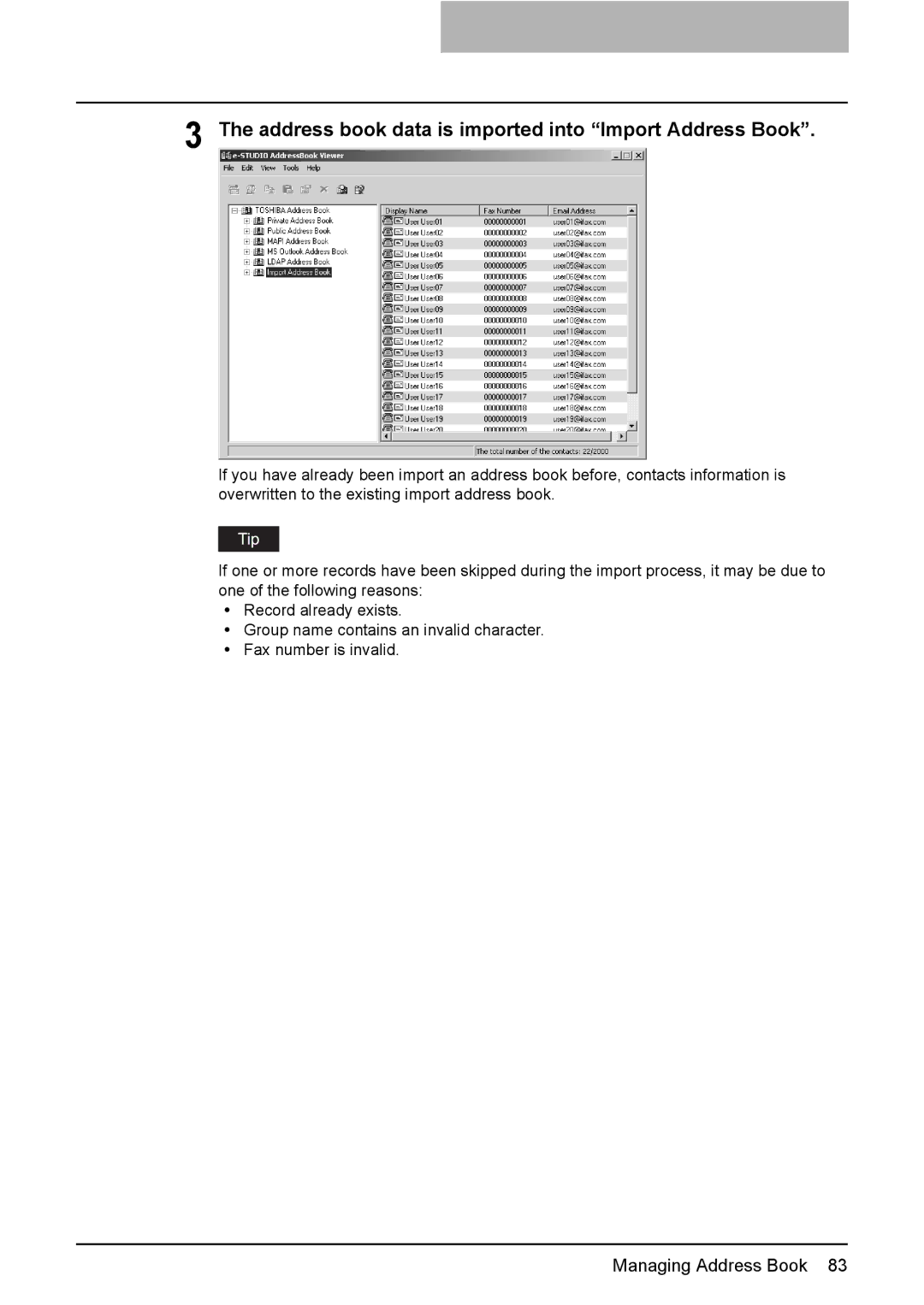 Toshiba GA-1191 manual Address book data is imported into Import Address Book 