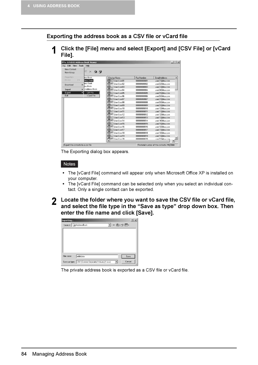 Toshiba GA-1191 manual Private address book is exported as a CSV file or vCard file 