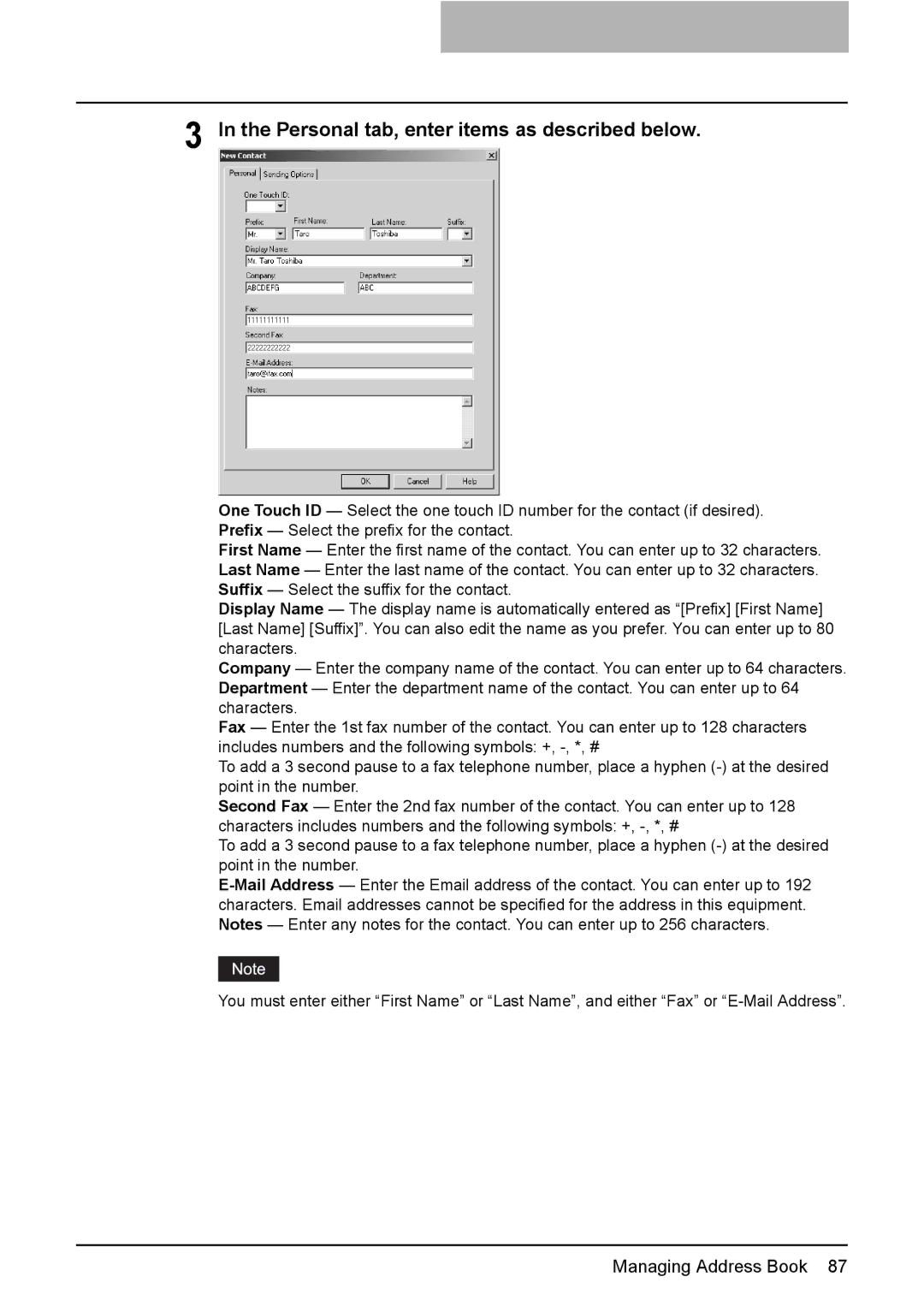 Toshiba GA-1191 manual Personal tab, enter items as described below 