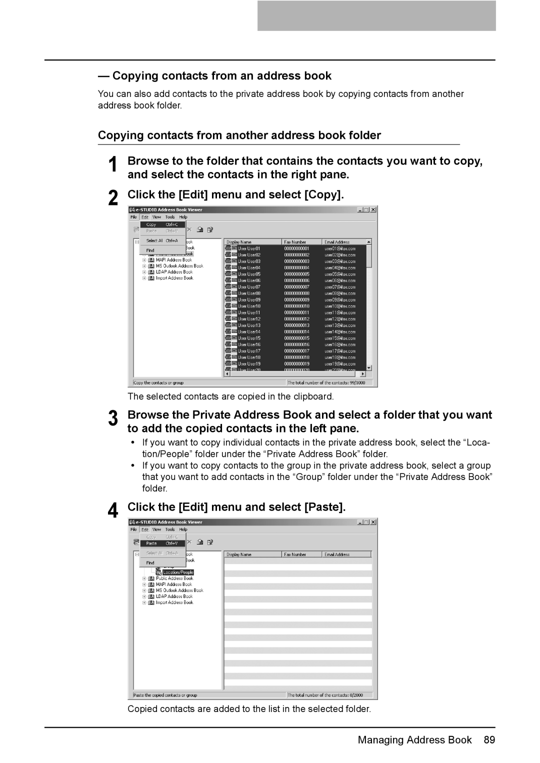 Toshiba GA-1191 manual Copying contacts from an address book, Click the Edit menu and select Paste 