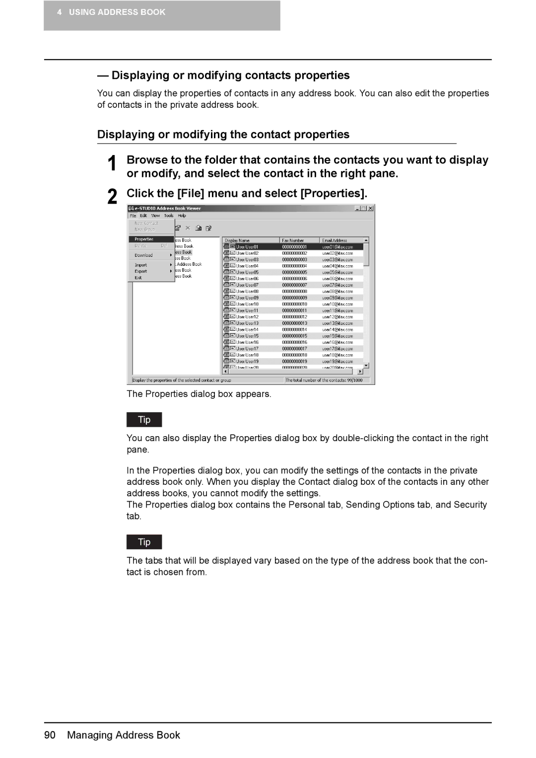 Toshiba GA-1191 manual Displaying or modifying contacts properties 