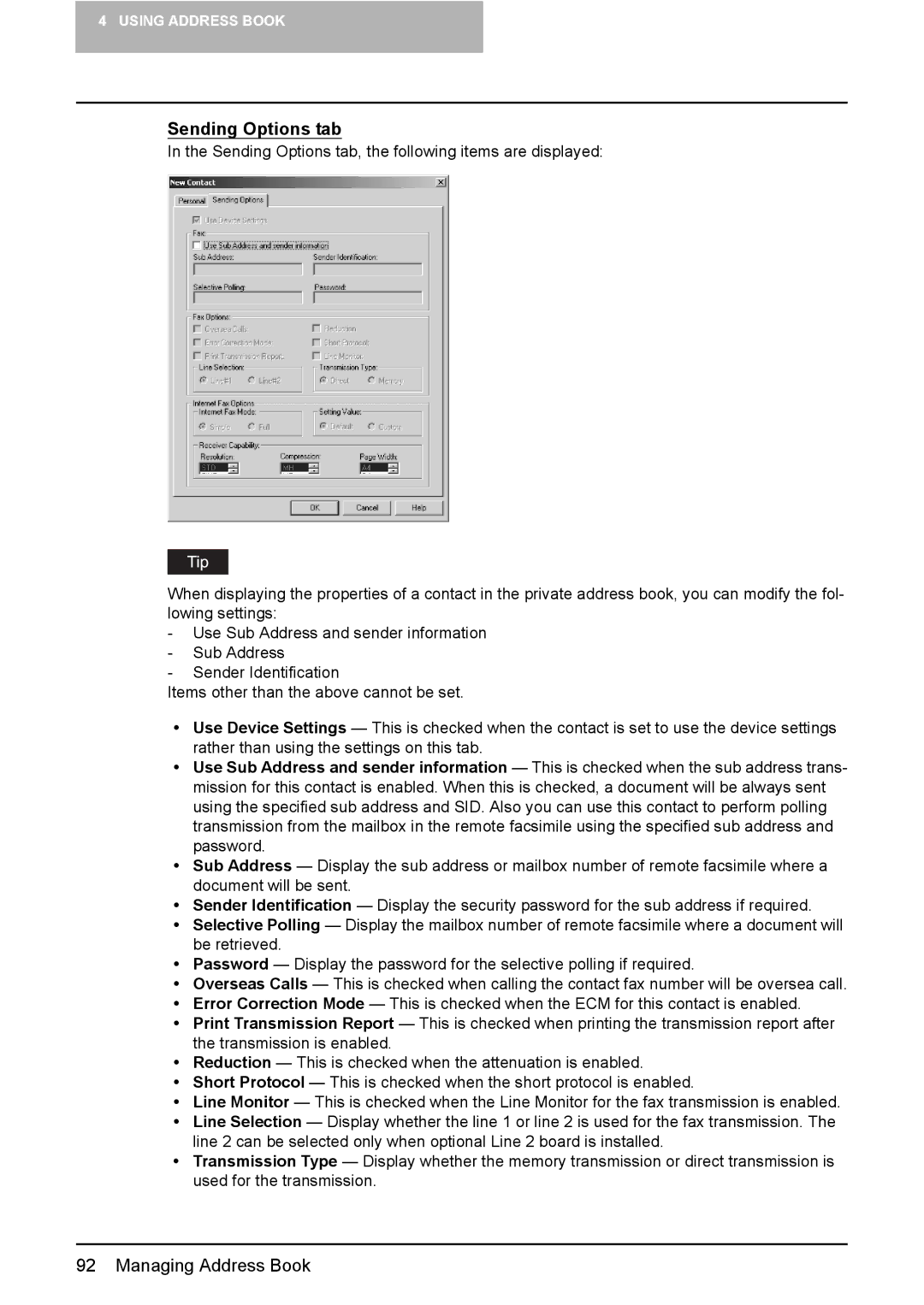 Toshiba GA-1191 manual Sending Options tab 