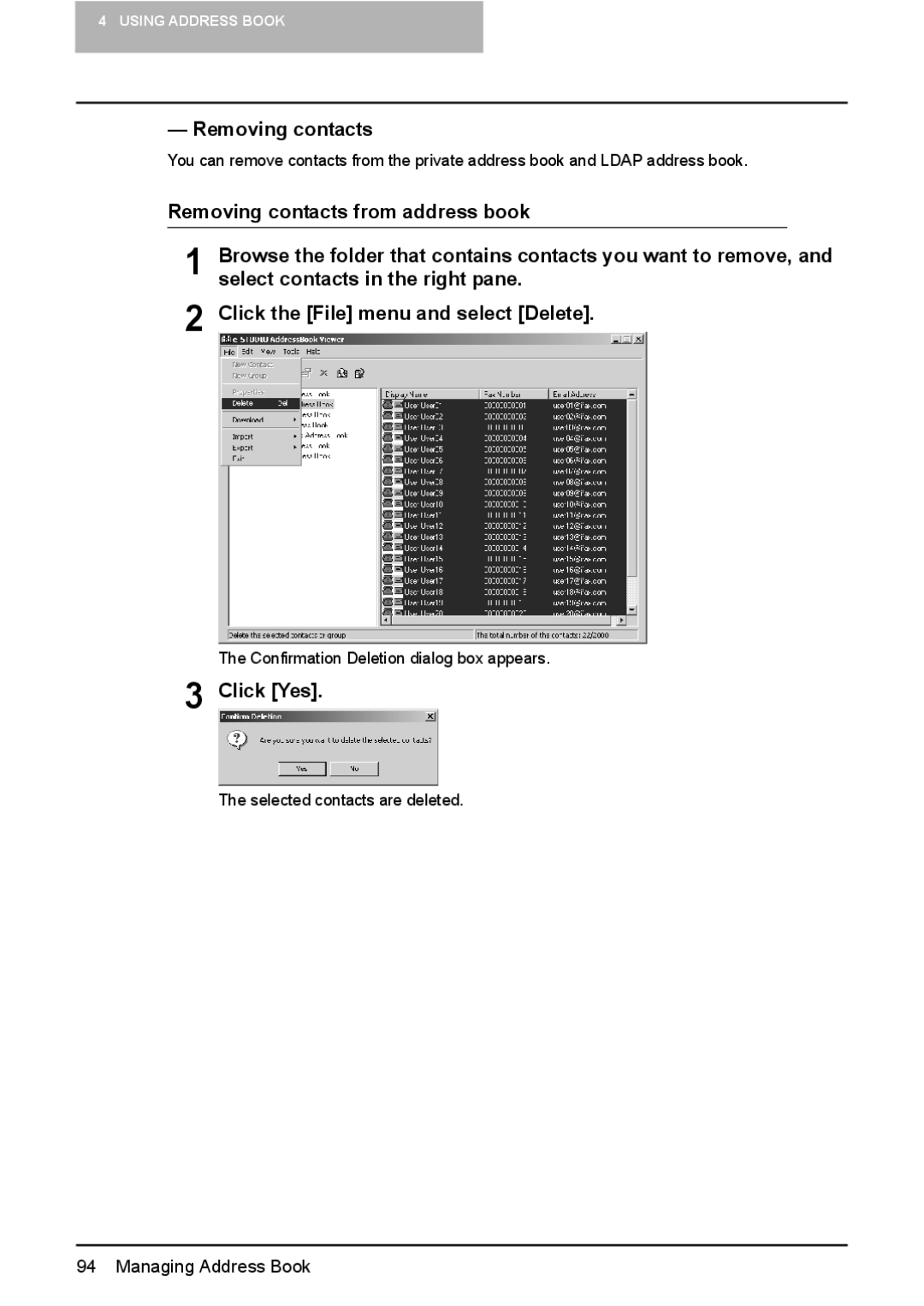 Toshiba GA-1191 manual Removing contacts, Click Yes 