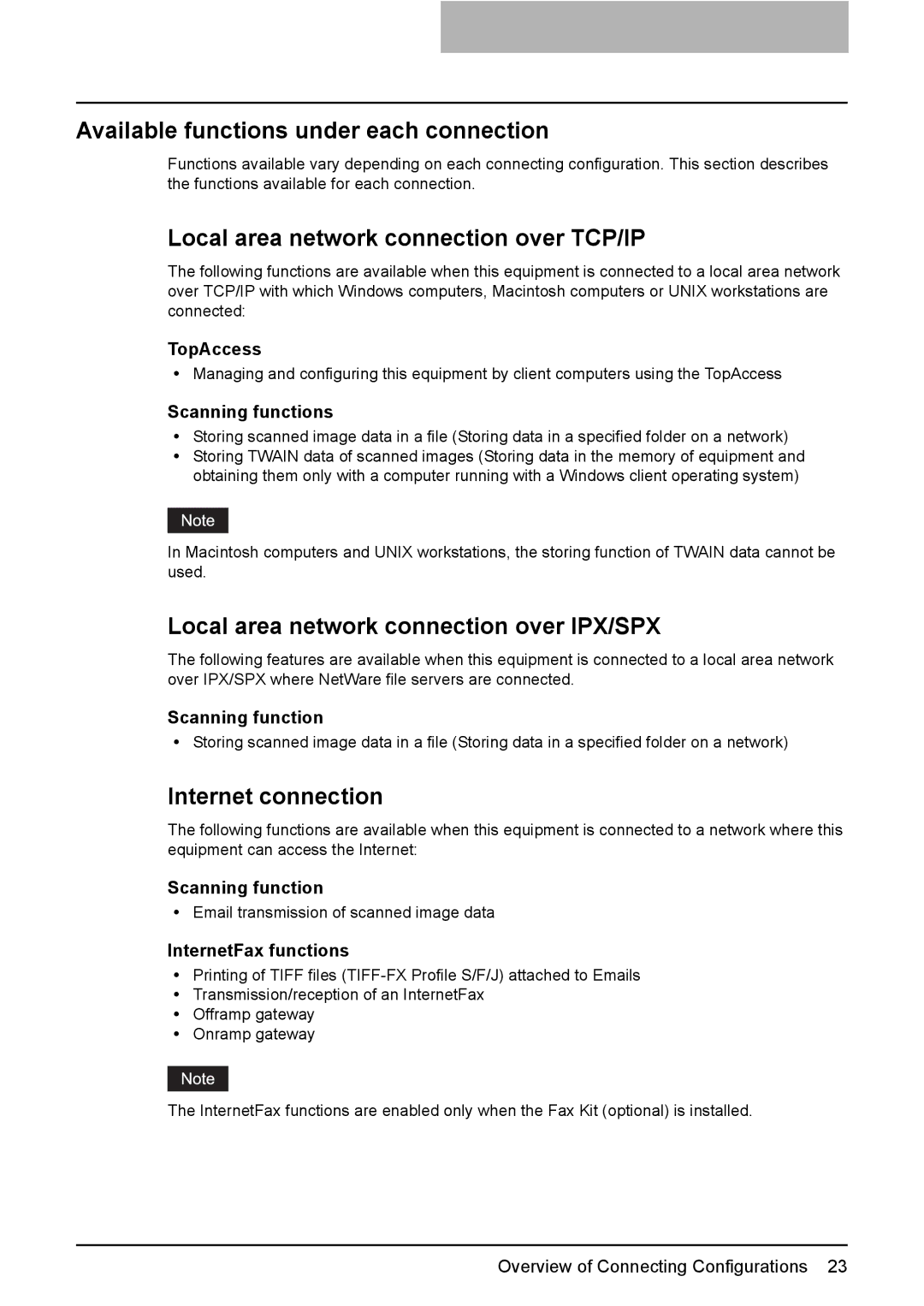 Toshiba GA-1200 Available functions under each connection, Local area network connection over TCP/IP, Internet connection 