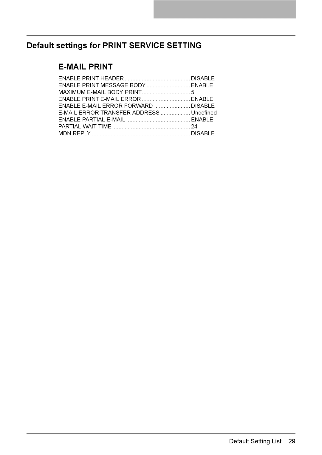 Toshiba GA-1200 quick start Default settings for Print Service Setting, Mail Print 