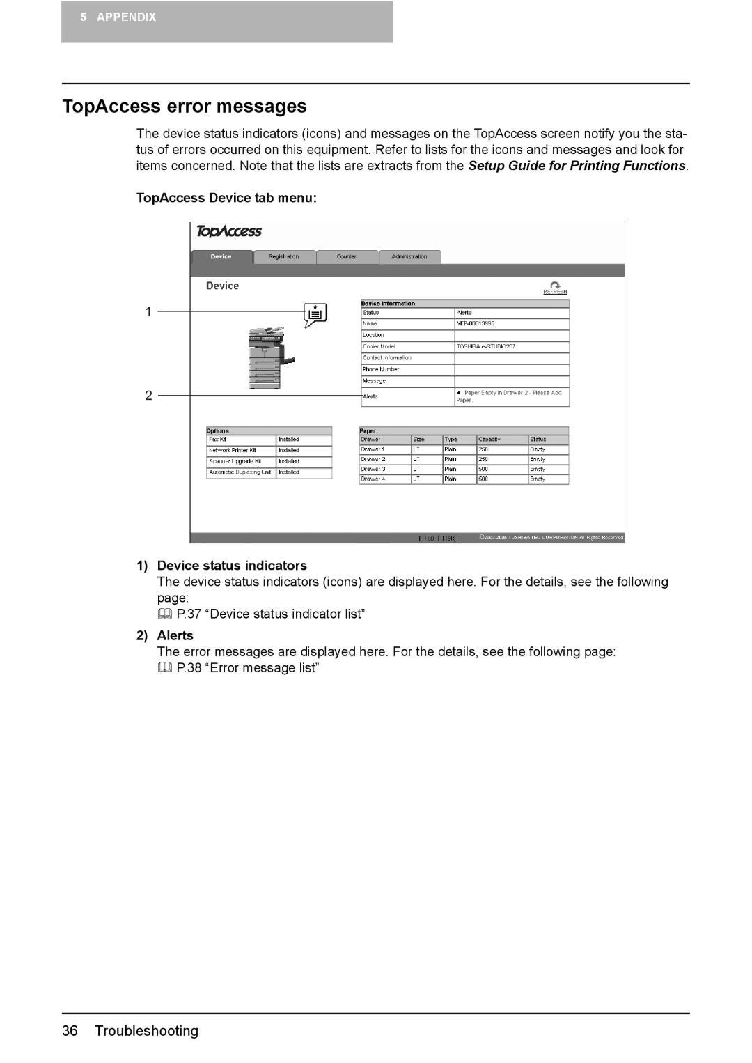 Toshiba GA-1200 quick start TopAccess error messages, TopAccess Device tab menu Device status indicators, Alerts 