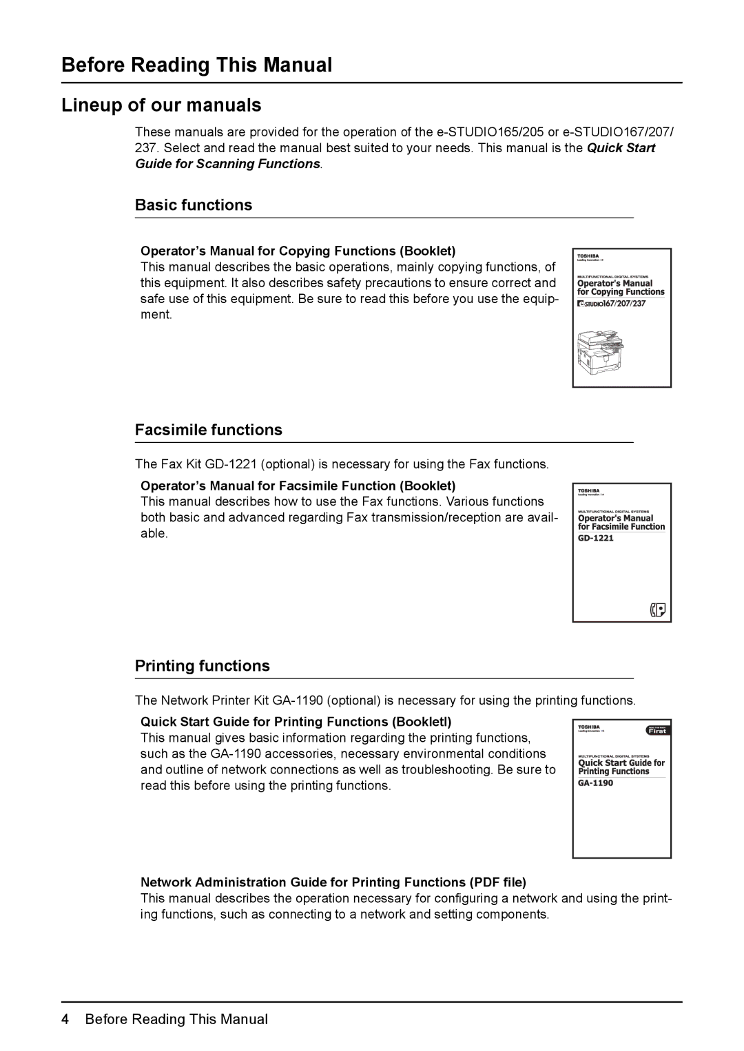 Toshiba GA-1200 Before Reading This Manual, Lineup of our manuals, Operator’s Manual for Copying Functions Booklet 