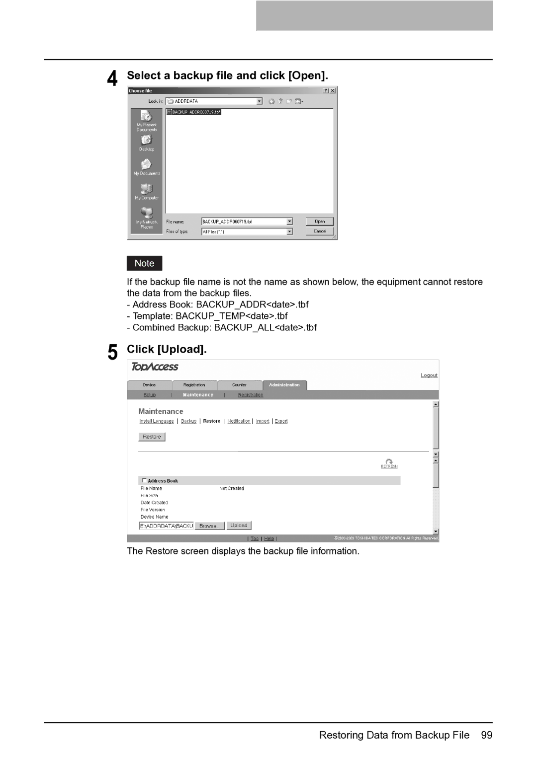 Toshiba GA-1201 setup guide Select a backup file and click Open, Click Upload 