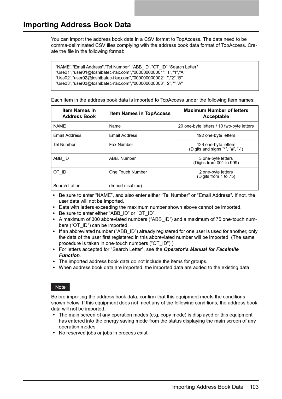 Toshiba GA-1201 setup guide Importing Address Book Data, Name 