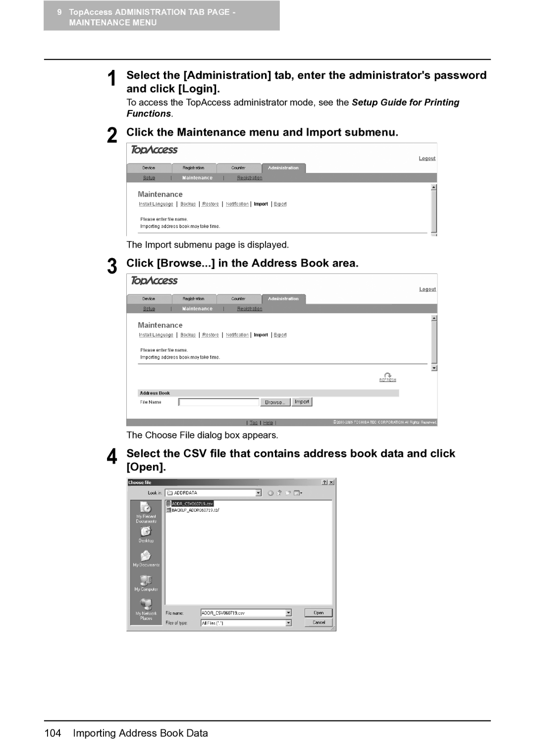 Toshiba GA-1201 setup guide Click the Maintenance menu and Import submenu, Click Browse... in the Address Book area 