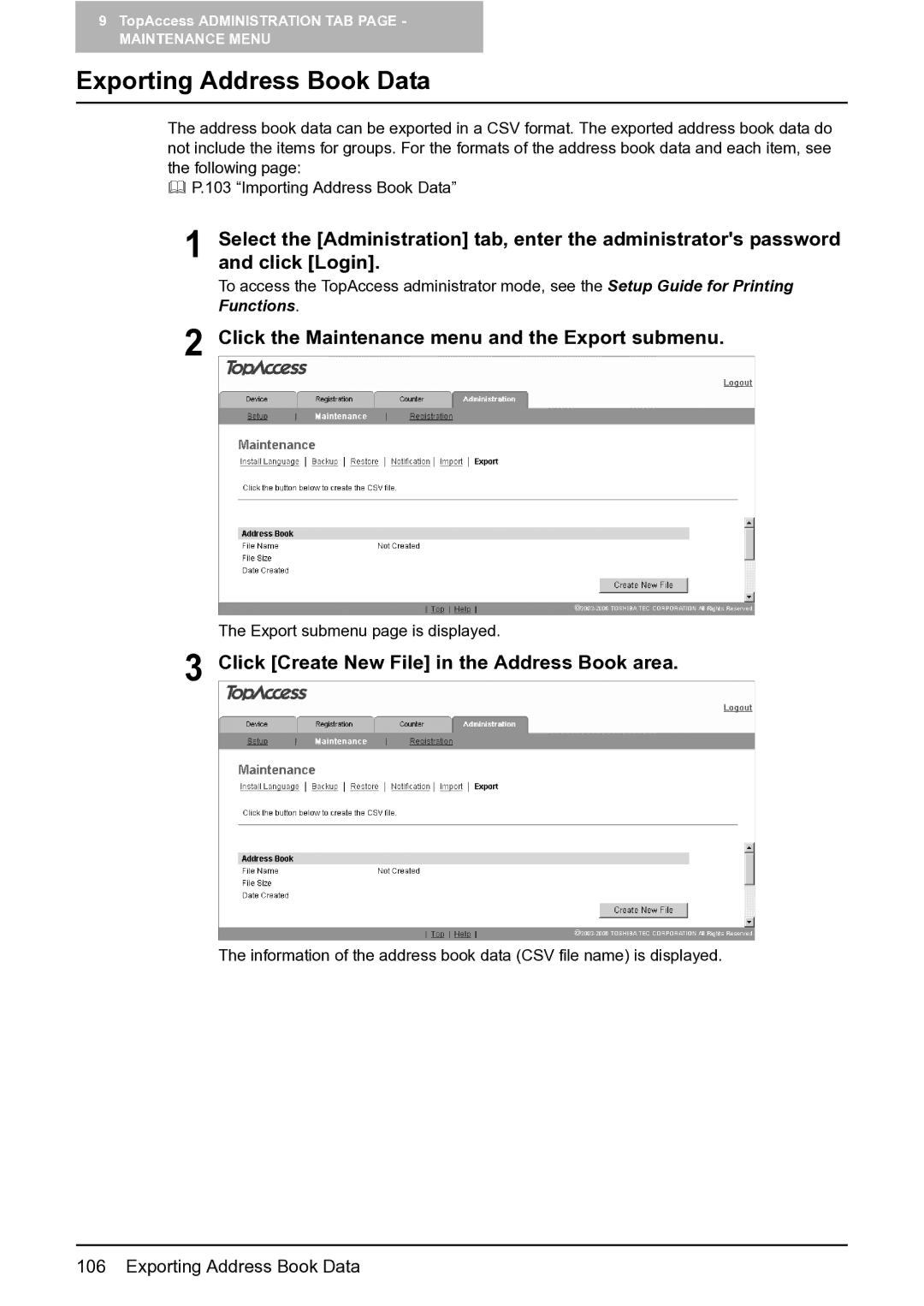 Toshiba GA-1201 setup guide Exporting Address Book Data, Click the Maintenance menu and the Export submenu 