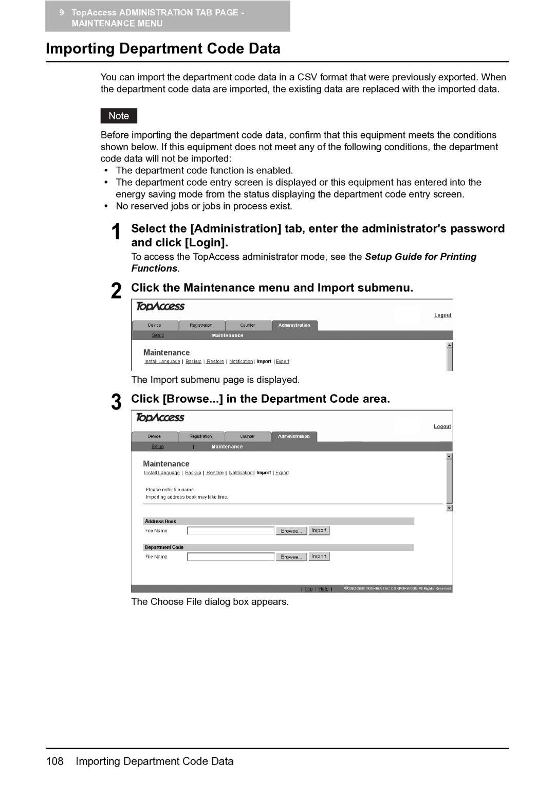 Toshiba GA-1201 setup guide Importing Department Code Data, Click Browse... in the Department Code area 