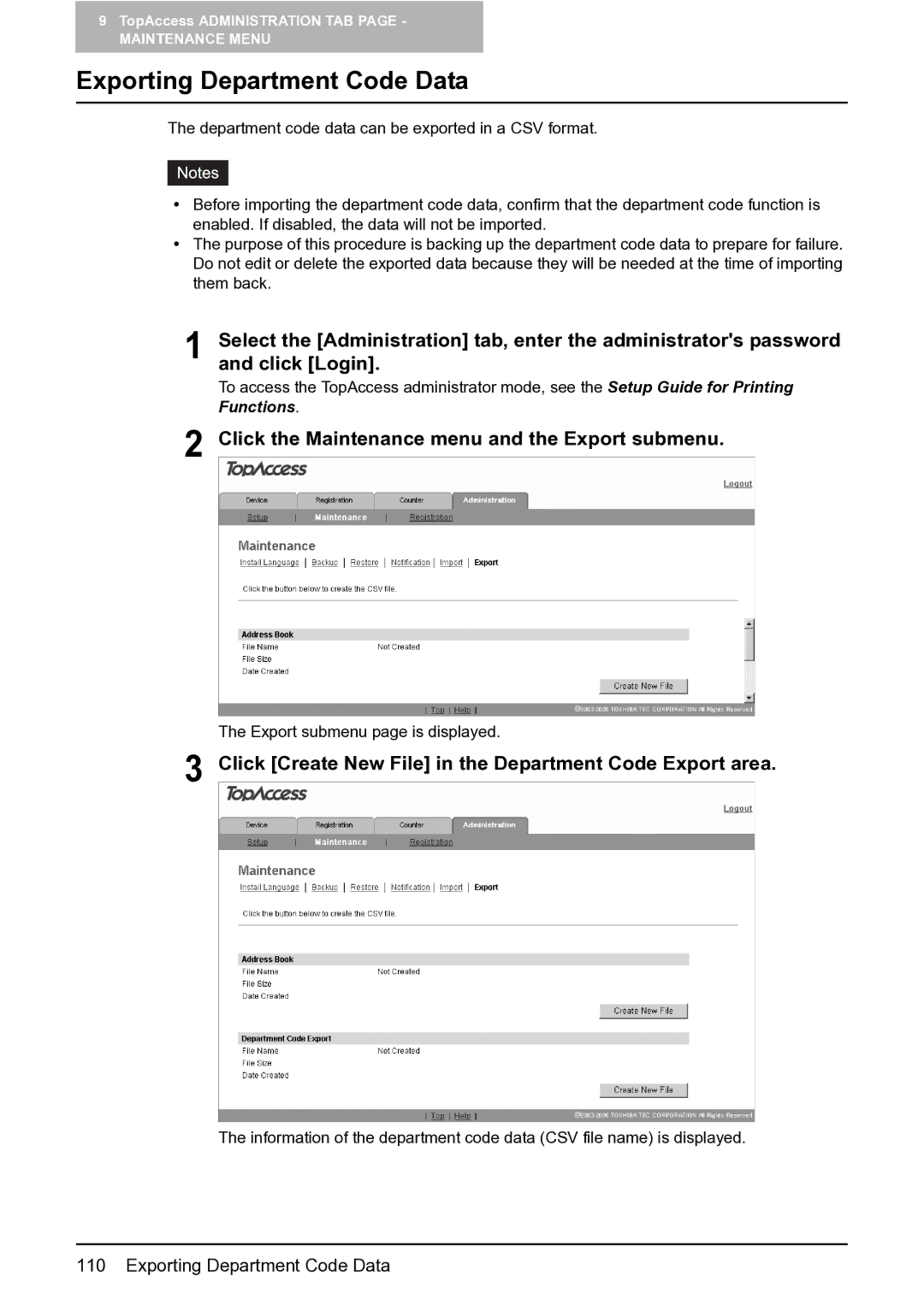 Toshiba GA-1201 setup guide Exporting Department Code Data, Click Create New File in the Department Code Export area 