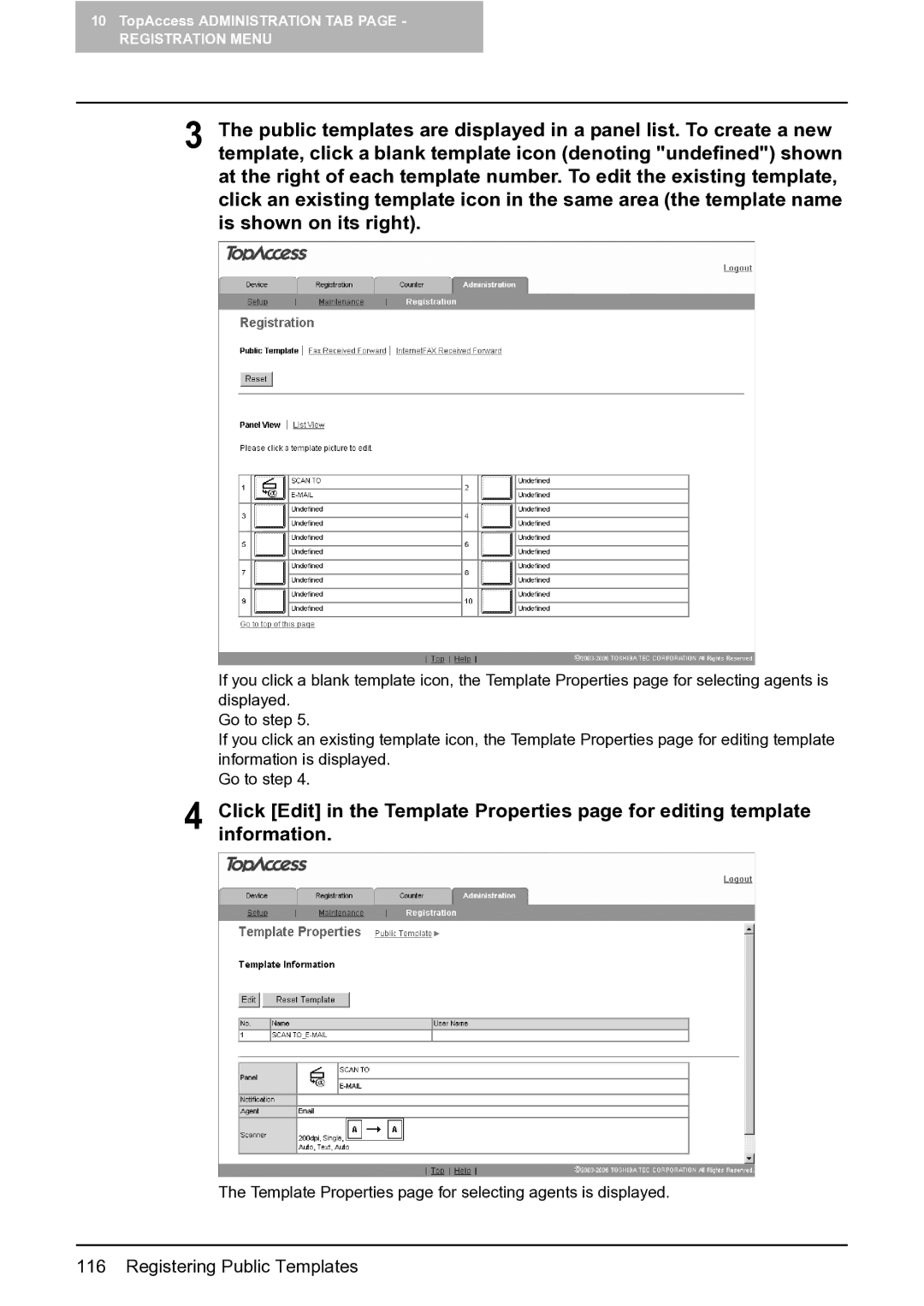 Toshiba GA-1201 setup guide Template Properties page for selecting agents is displayed 