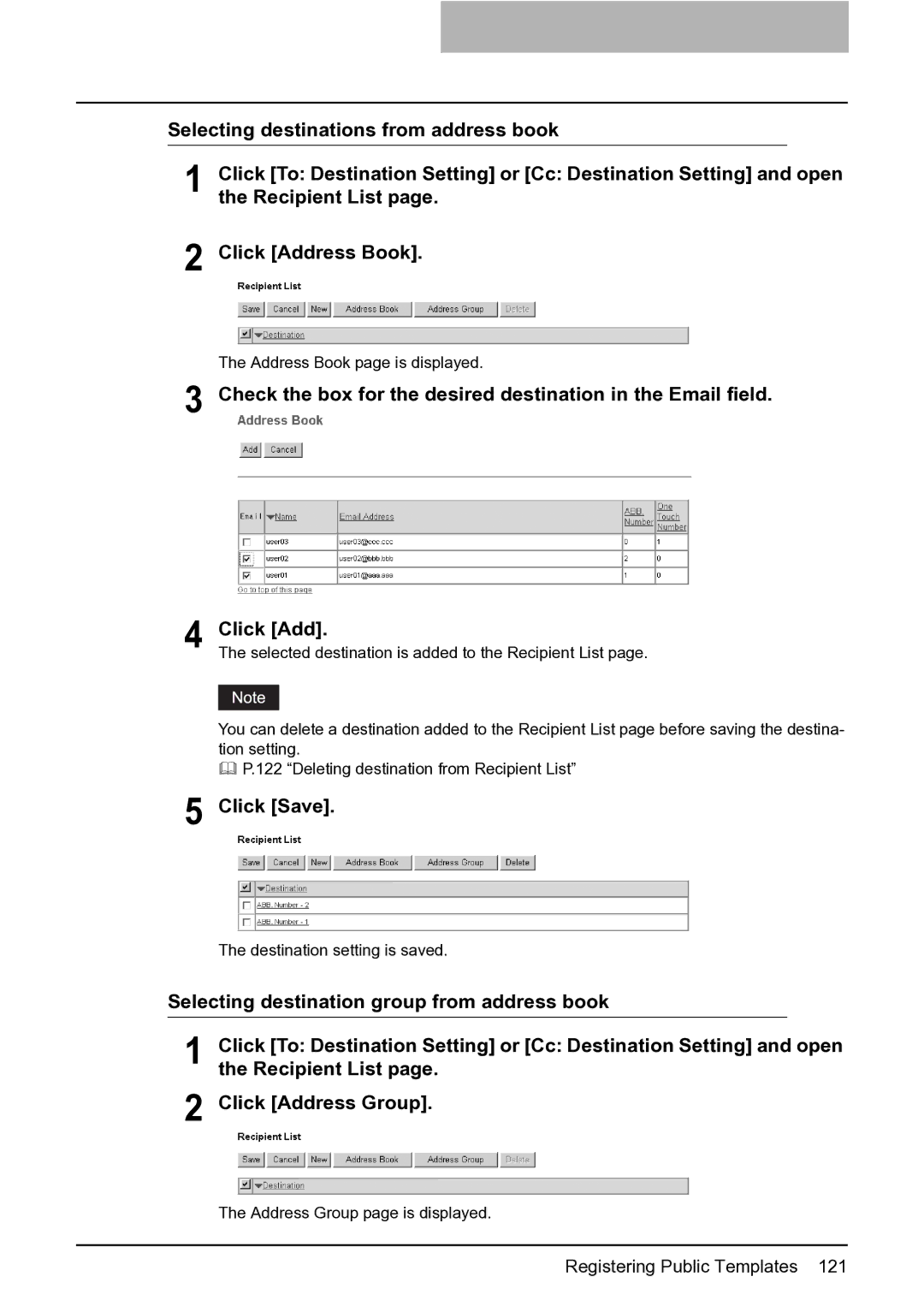 Toshiba GA-1201 setup guide Selecting destination group from address book, Click Address Group 