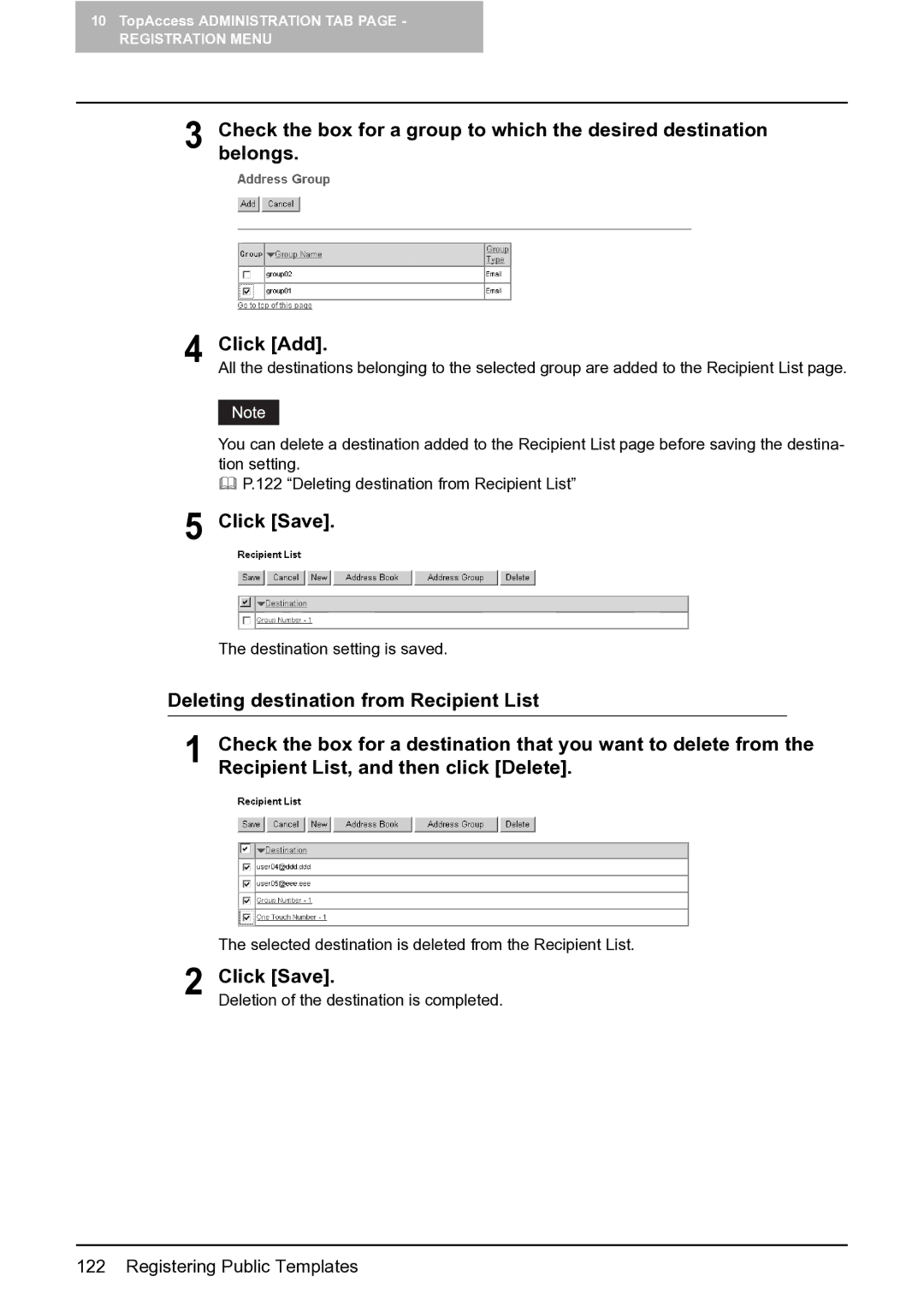 Toshiba GA-1201 setup guide Selected destination is deleted from the Recipient List 