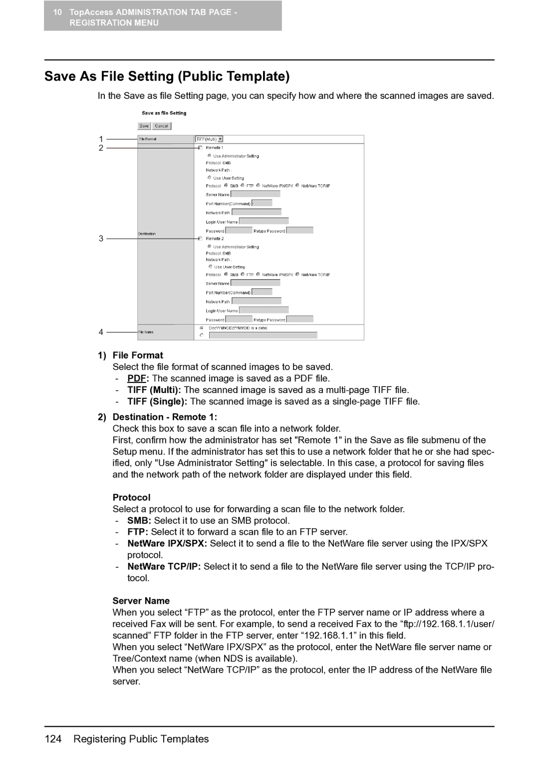 Toshiba GA-1201 setup guide Save As File Setting Public Template, Destination Remote 