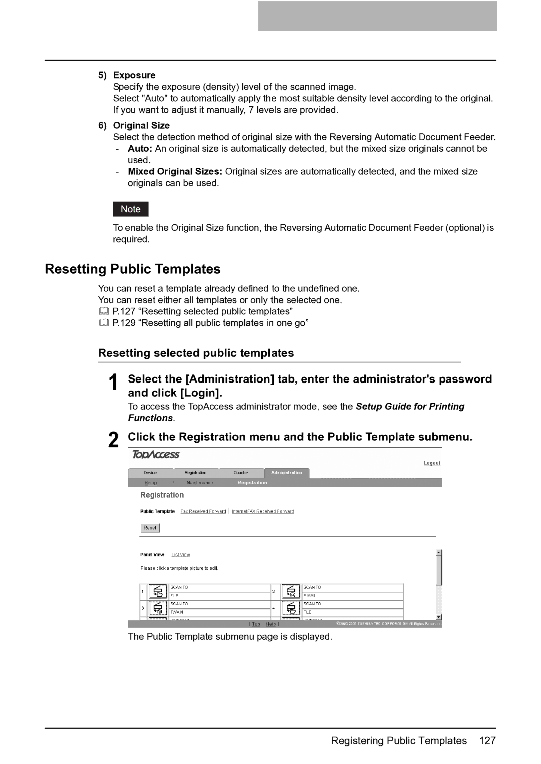 Toshiba GA-1201 setup guide Resetting Public Templates, Exposure, Original Size 