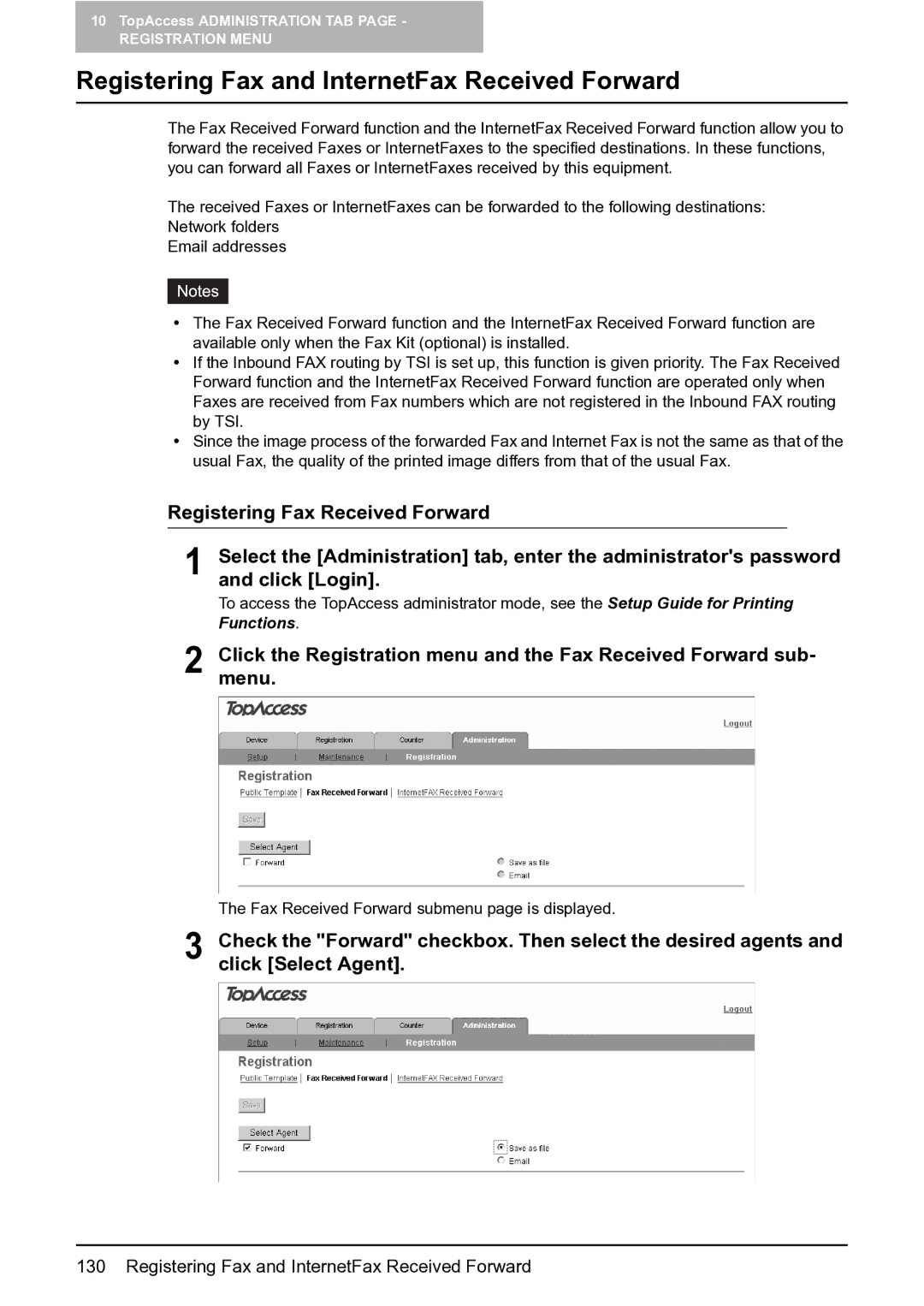 Toshiba GA-1201 setup guide Registering Fax and InternetFax Received Forward, Click Select Agent 