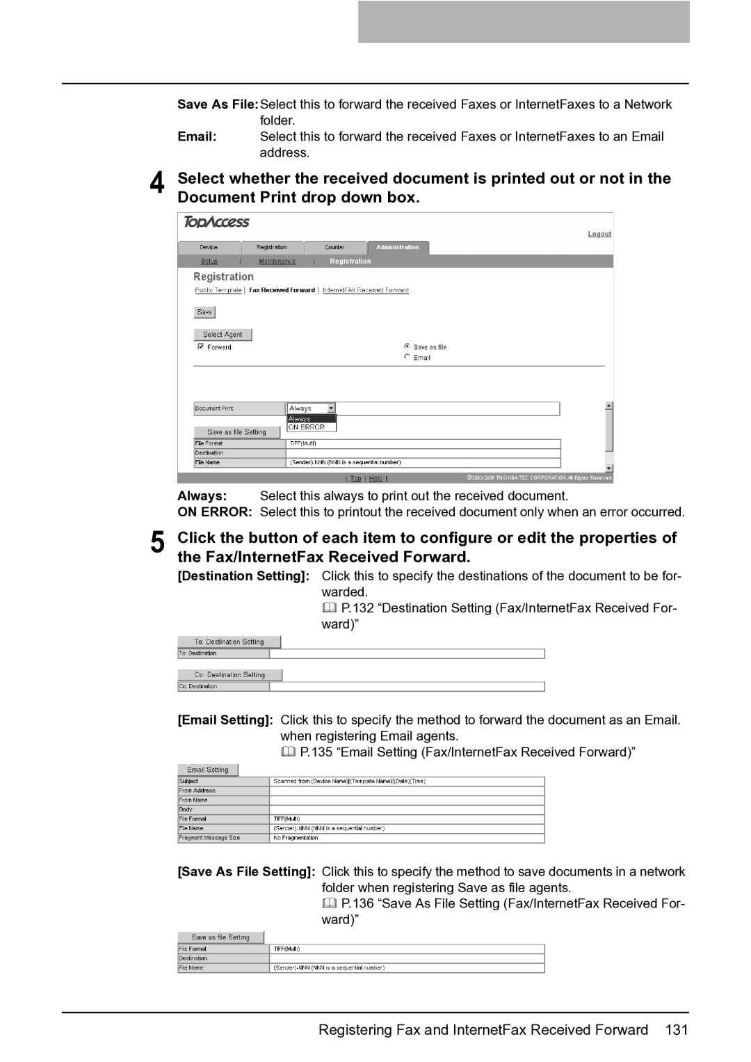 Toshiba GA-1201 setup guide Registering Fax and InternetFax Received Forward 