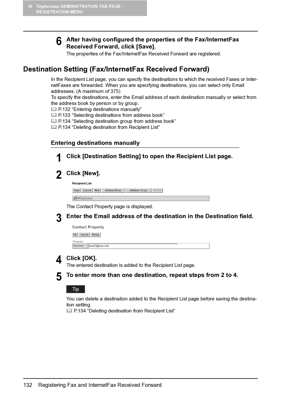 Toshiba GA-1201 setup guide Destination Setting Fax/InternetFax Received Forward 