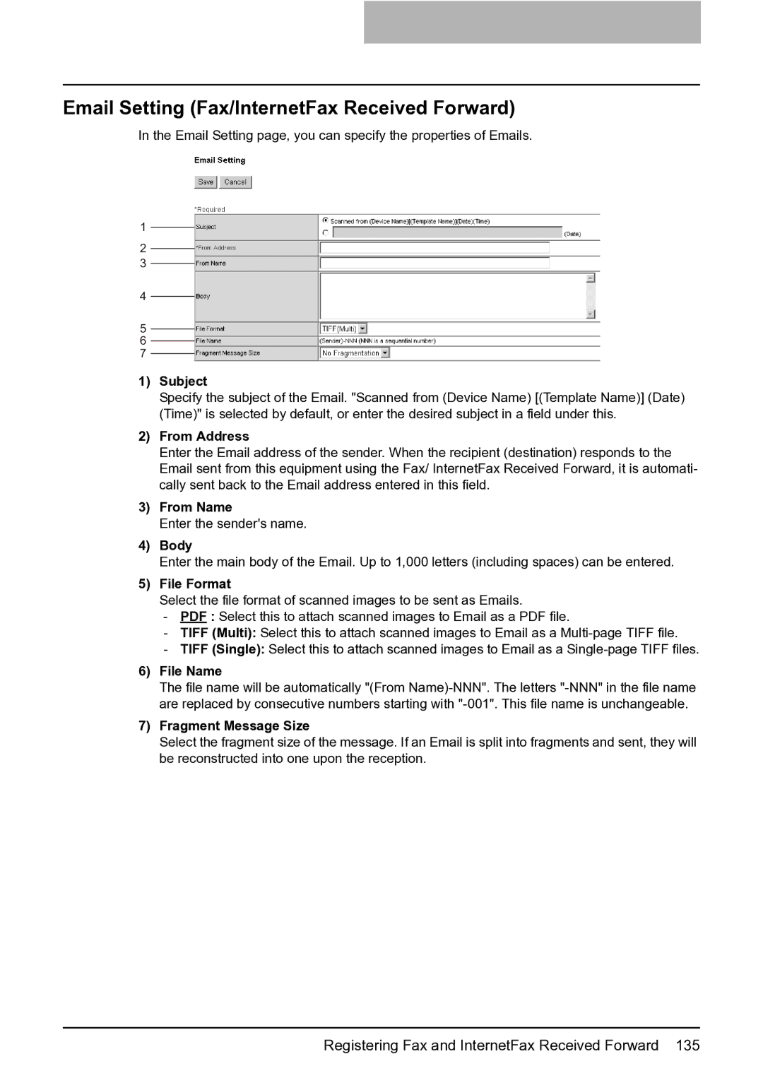 Toshiba GA-1201 setup guide Email Setting Fax/InternetFax Received Forward, Subject 