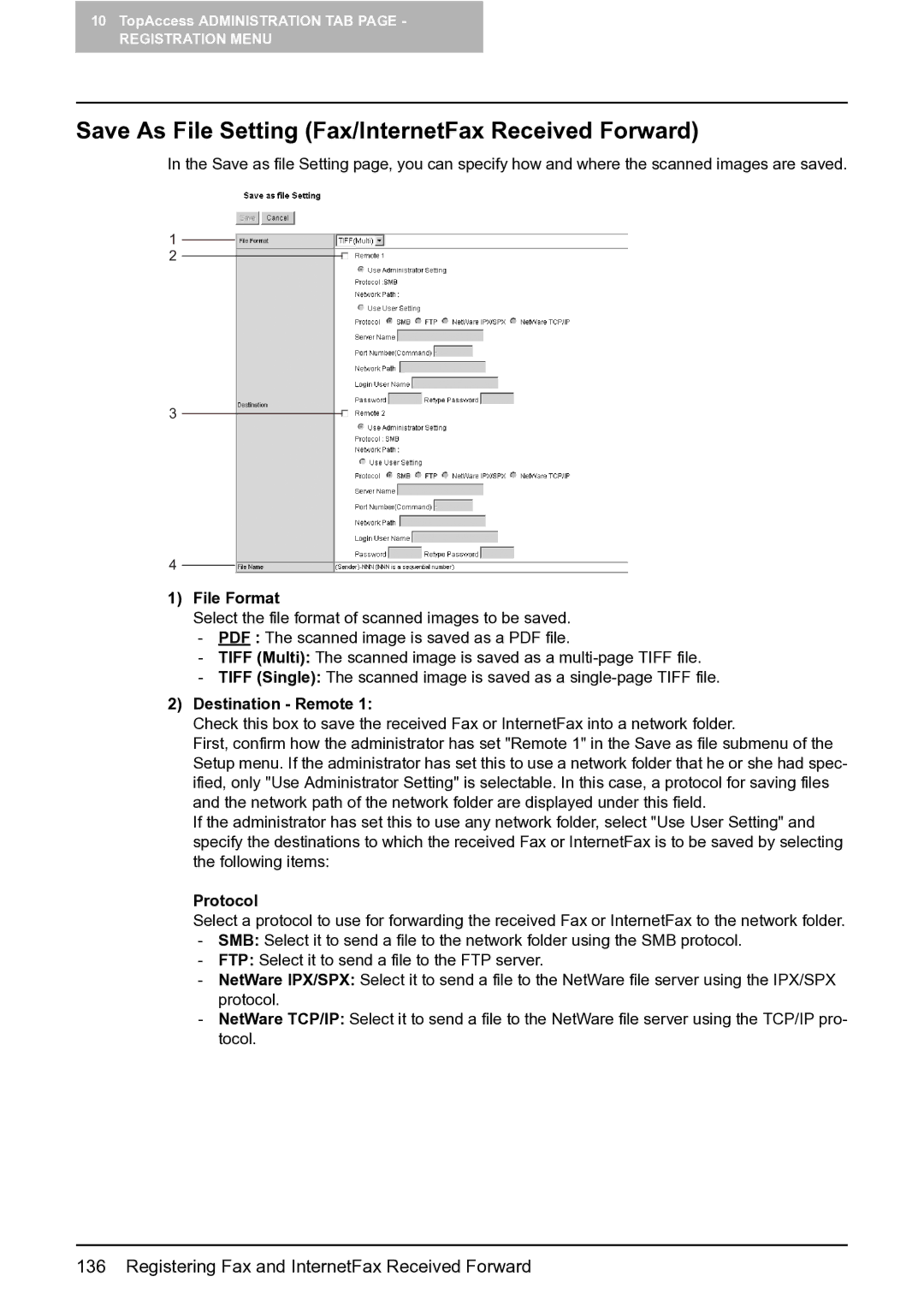 Toshiba GA-1201 setup guide Save As File Setting Fax/InternetFax Received Forward, Destination Remote 