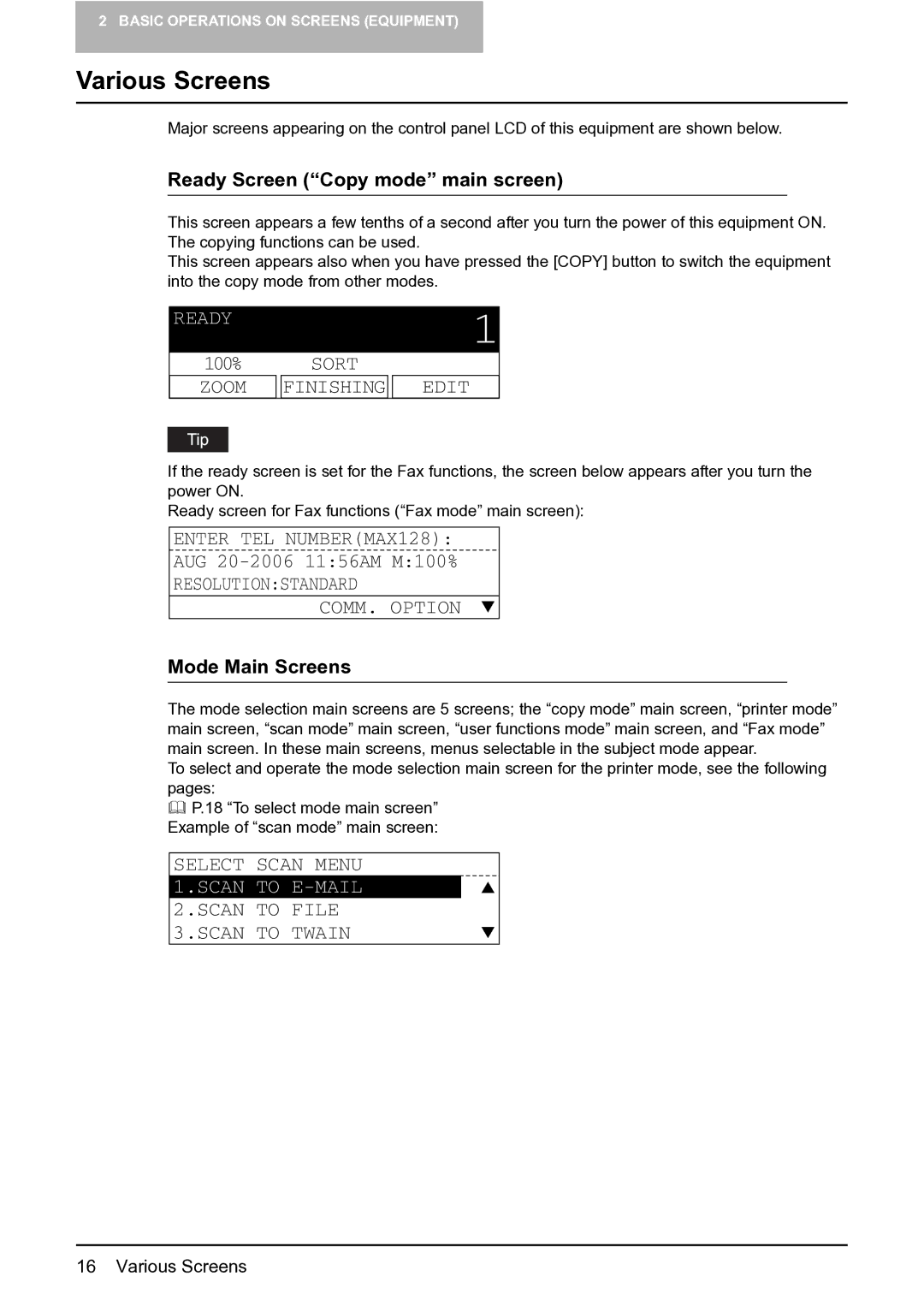 Toshiba GA-1201 setup guide Various Screens, Ready Screen Copy mode main screen, Mode Main Screens 