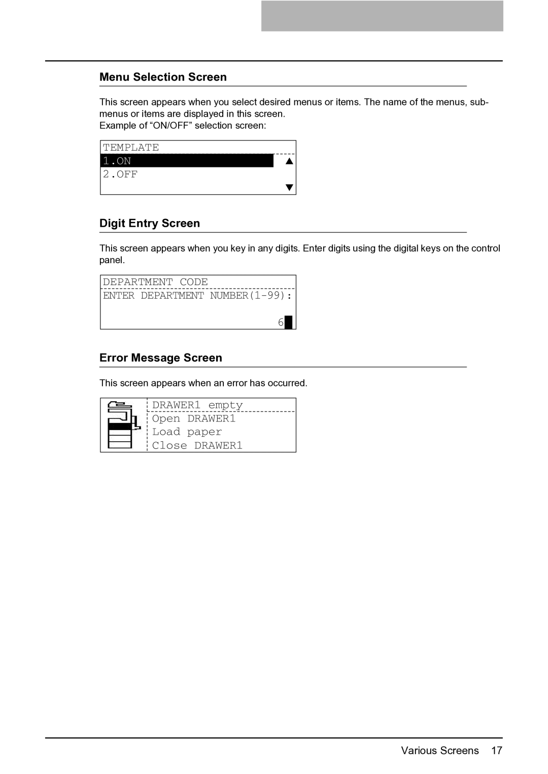 Toshiba GA-1201 setup guide Menu Selection Screen, Digit Entry Screen, Error Message Screen 