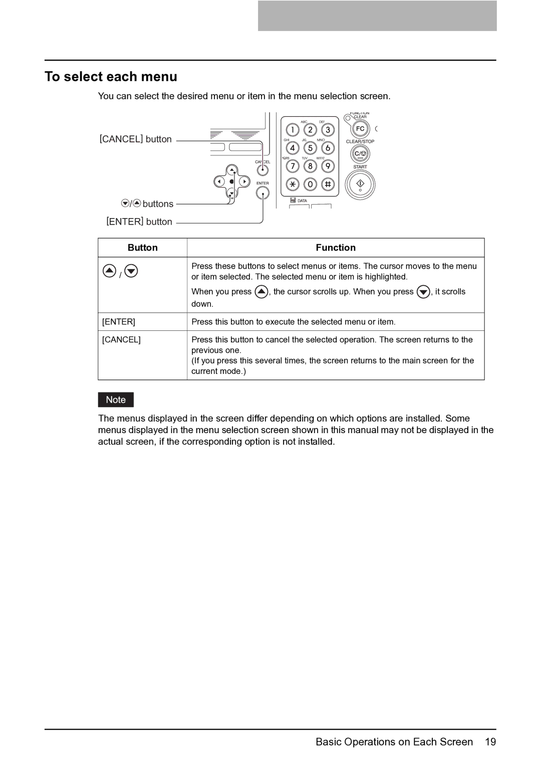 Toshiba GA-1201 setup guide To select each menu, Button Function 