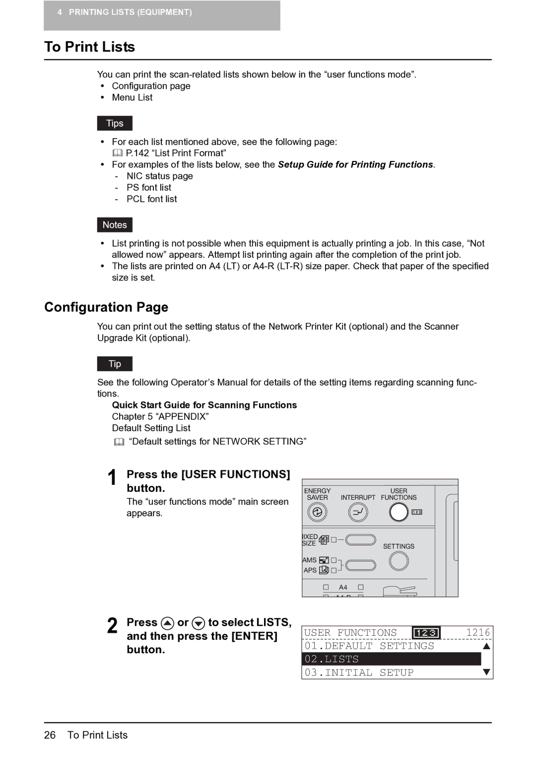 Toshiba GA-1201 To Print Lists, Configuration, Press the User Functions button, Quick Start Guide for Scanning Functions 