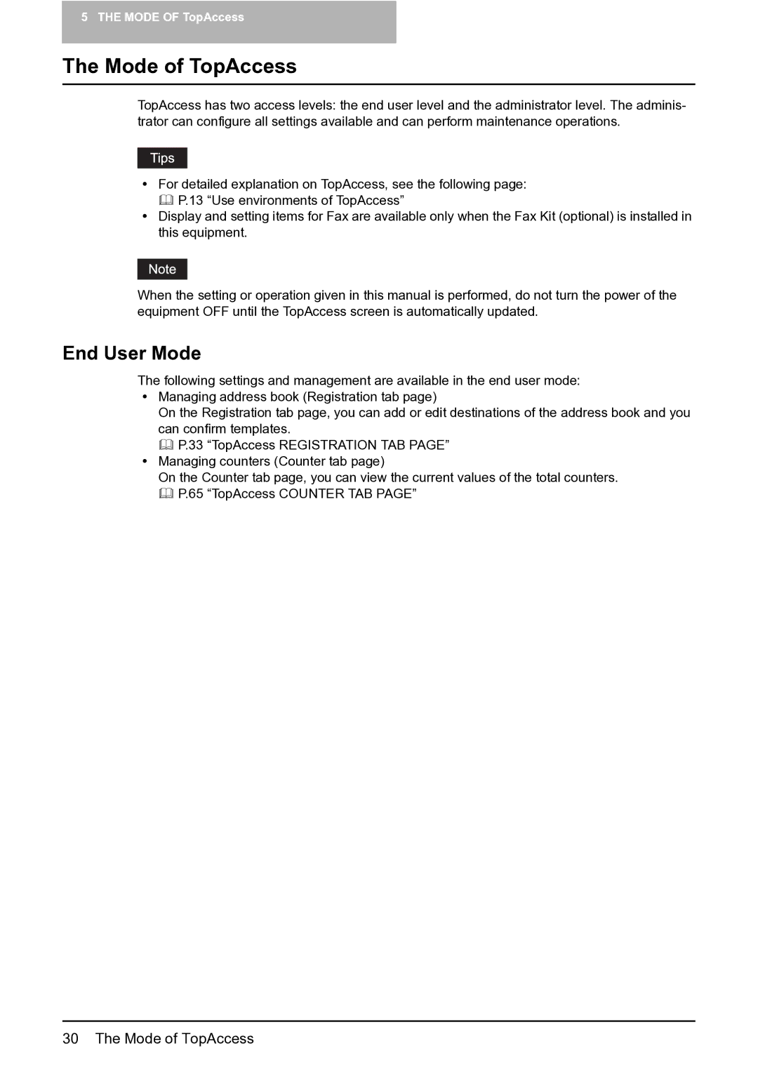 Toshiba GA-1201 setup guide Mode of TopAccess, End User Mode 