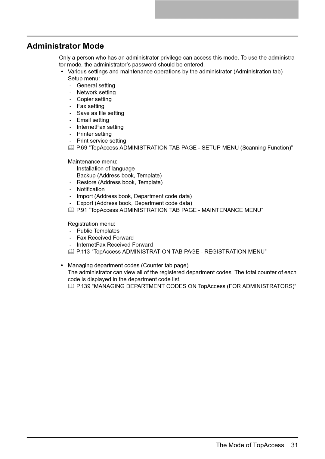 Toshiba GA-1201 setup guide Administrator Mode 